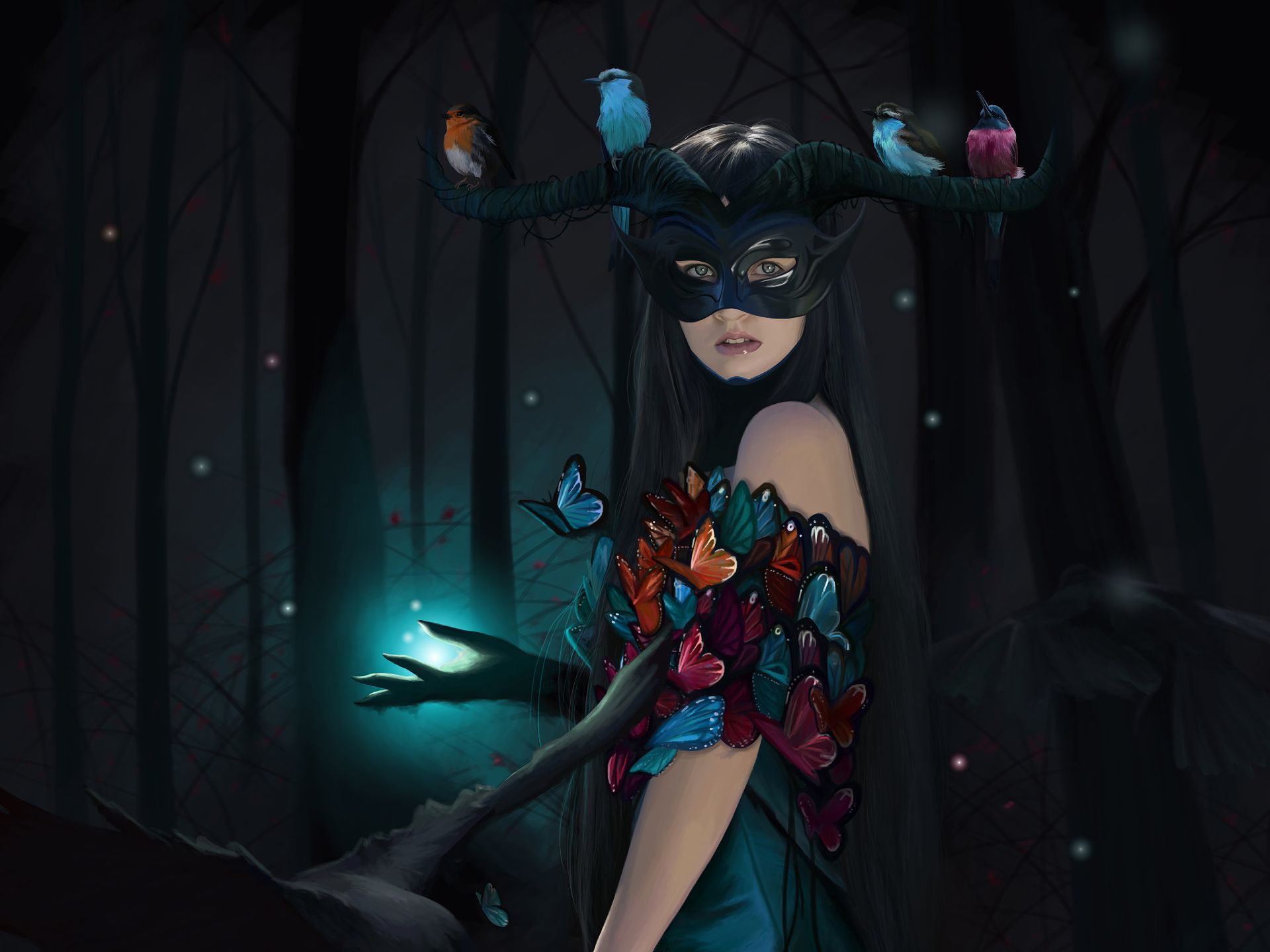 Download mobile wallpaper Fantasy, Night, Bird, Butterfly, Mask, Horns, Women, Witch for free.