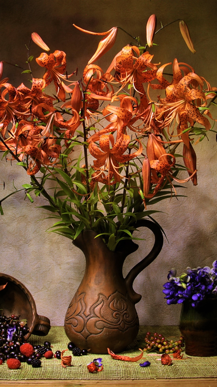 Download mobile wallpaper Still Life, Berry, Vase, Lily, Photography, Orange Flower for free.