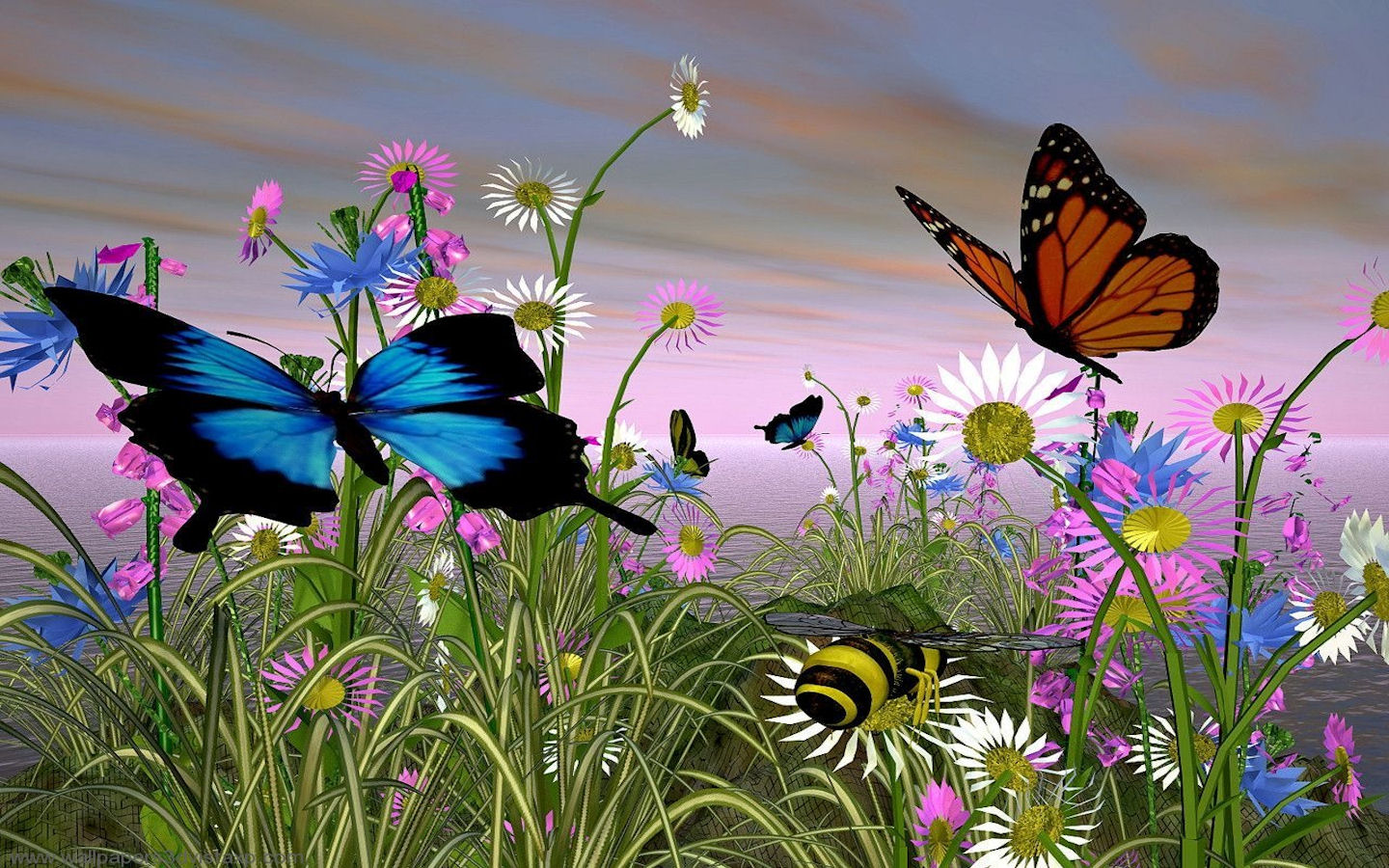 228549 завантажити картинку квітка, тварина, cgi, бджола, метелик, фантазія - шпалери і заставки безкоштовно