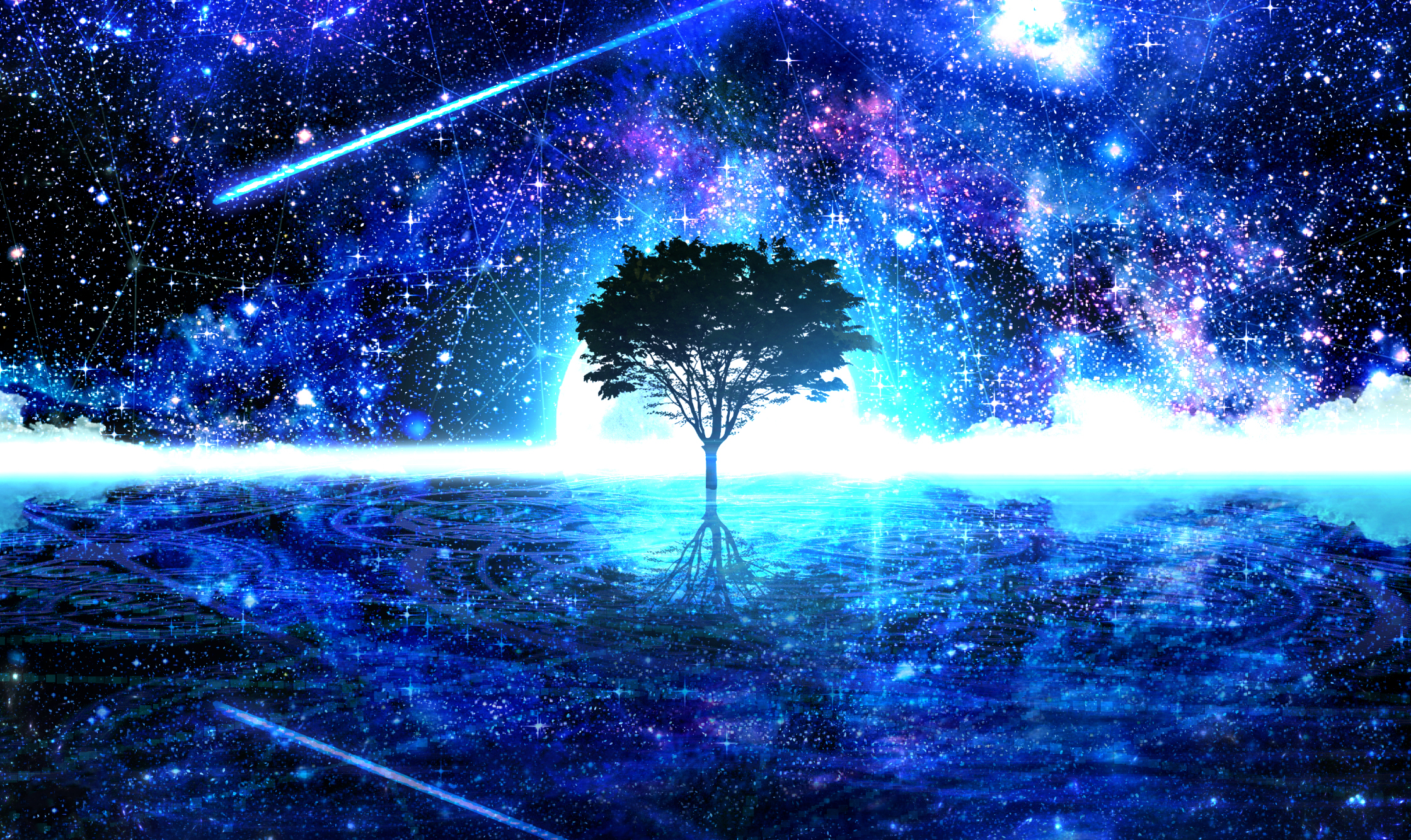Скачать картинку Аниме, Отражение, Дерево, Звездное Небо, Падающая Звезда, Оригинал в телефон бесплатно.