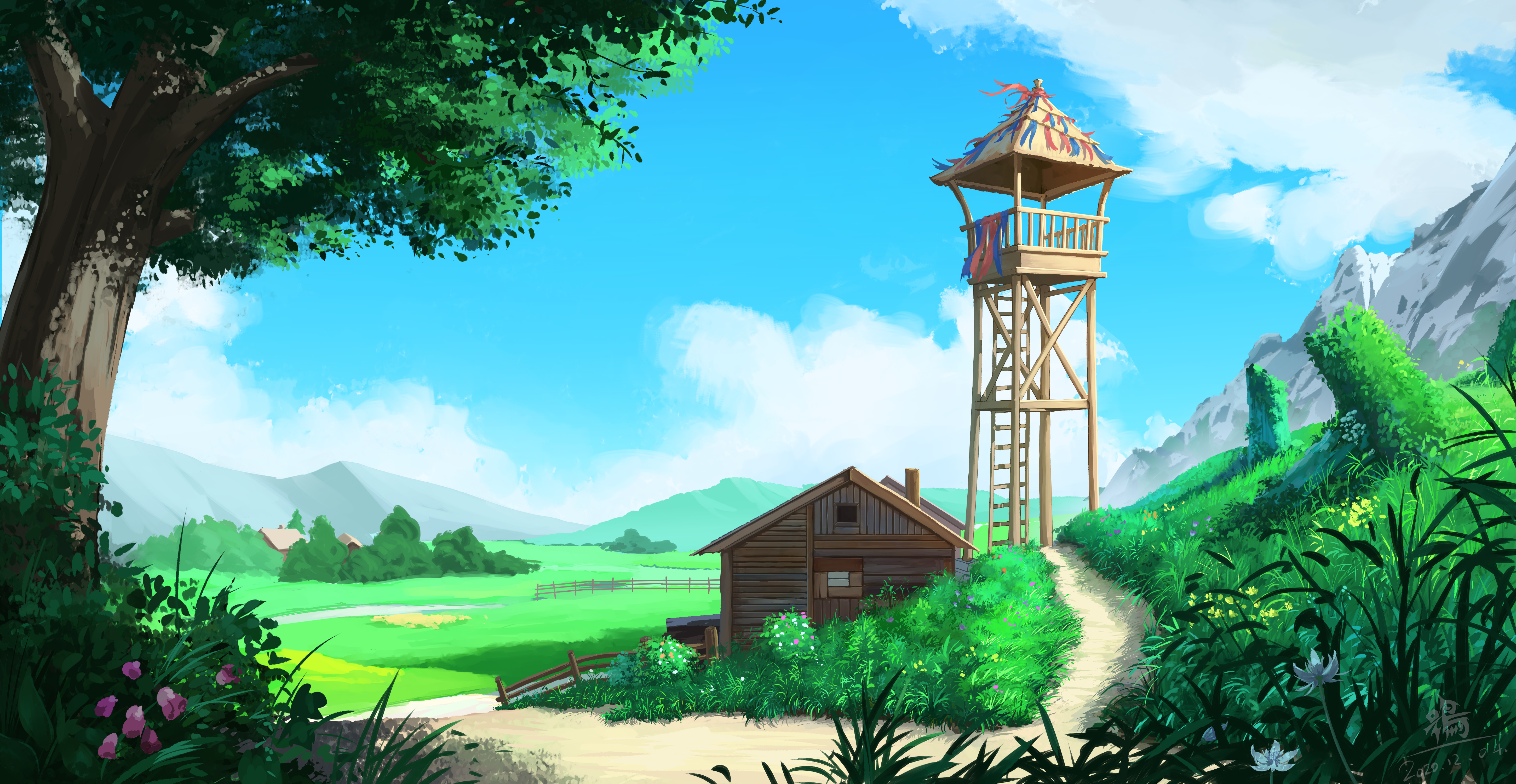Download mobile wallpaper Anime, Landscape, Sky, Hut for free.