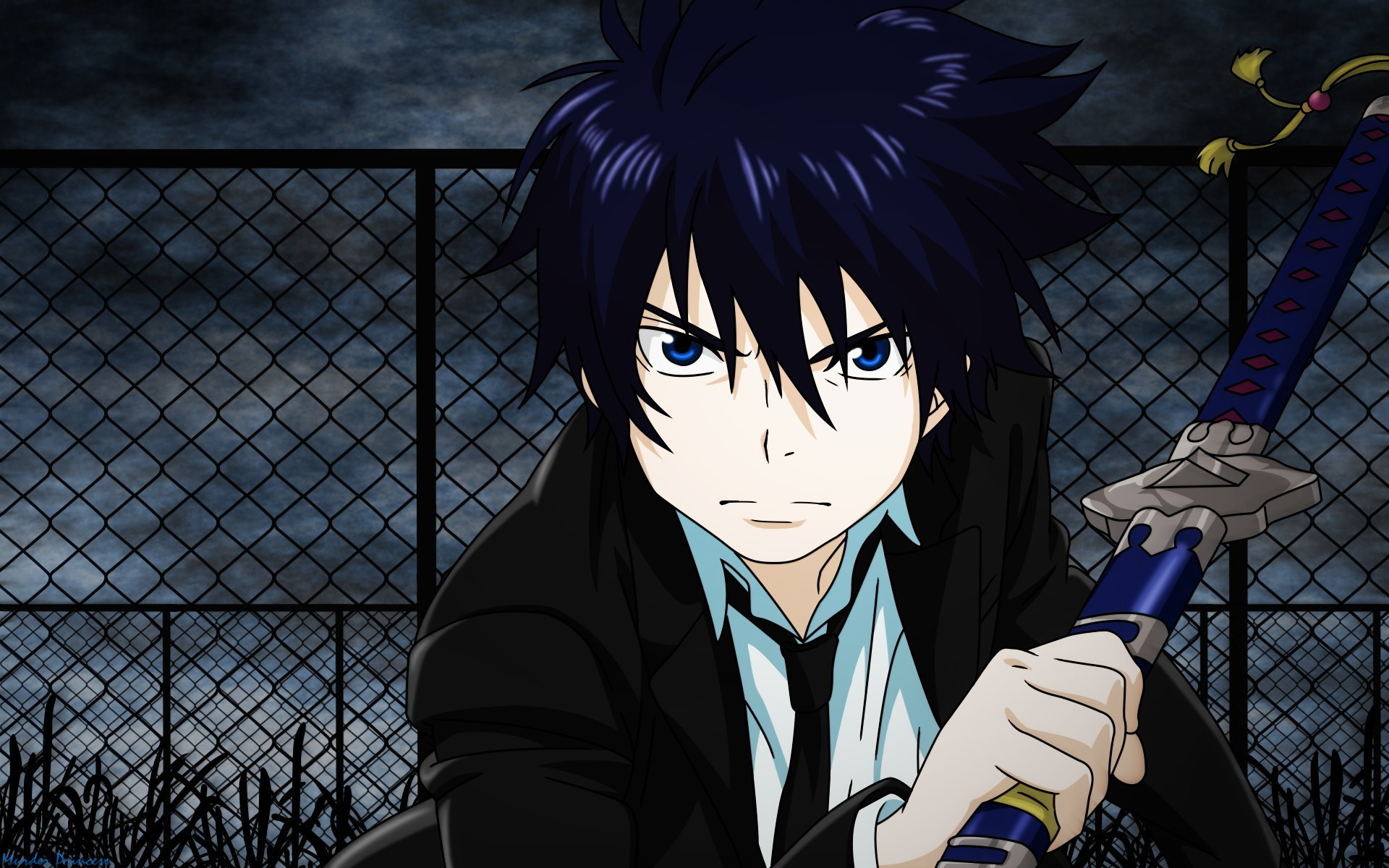 anime, blue exorcist, ao no exorcist, blue eyes, blue hair, kurikara (blue exorcist), rin okumura