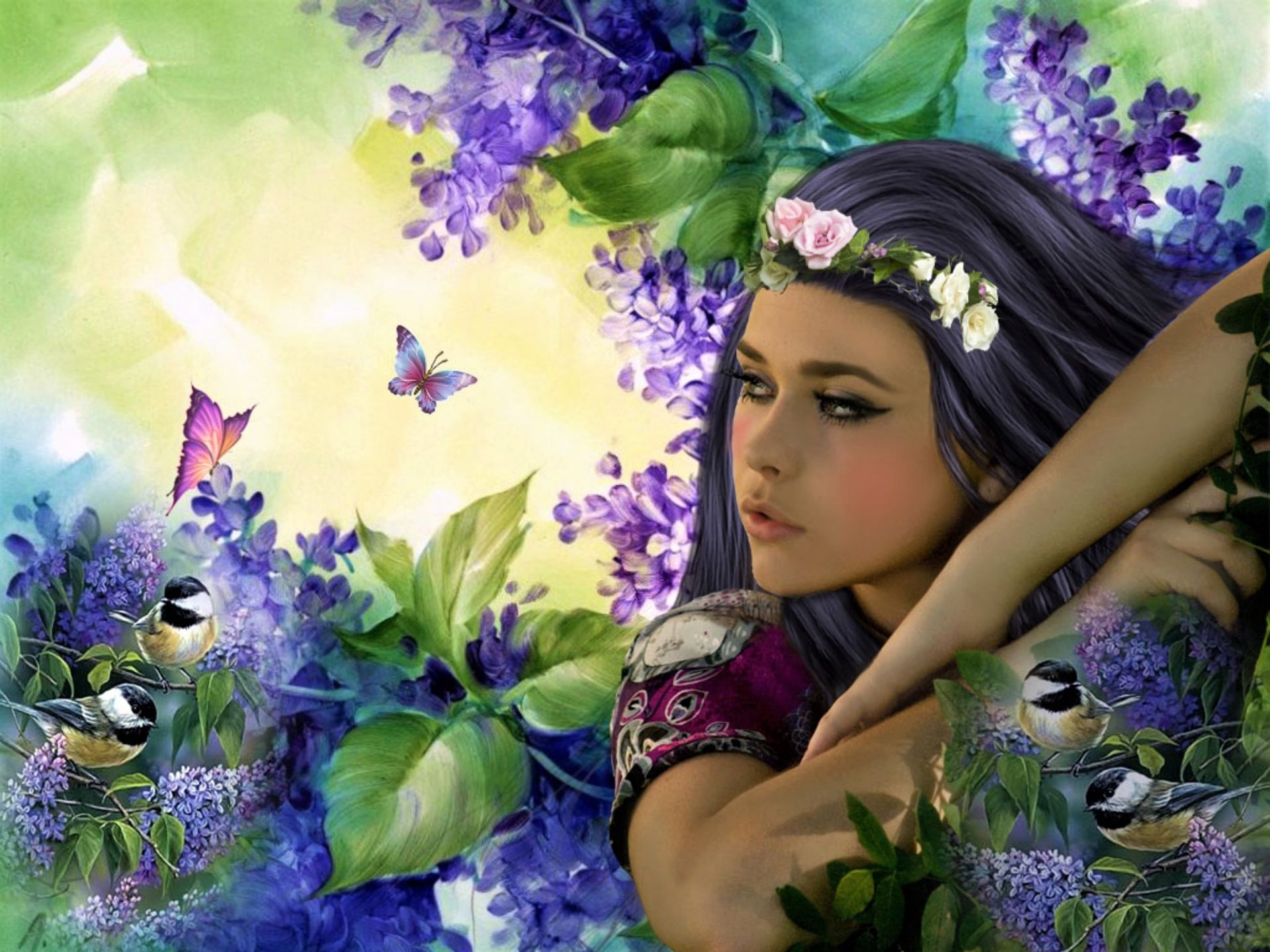 Download mobile wallpaper Fantasy, Lilac, Bird, Garden, Artistic for free.