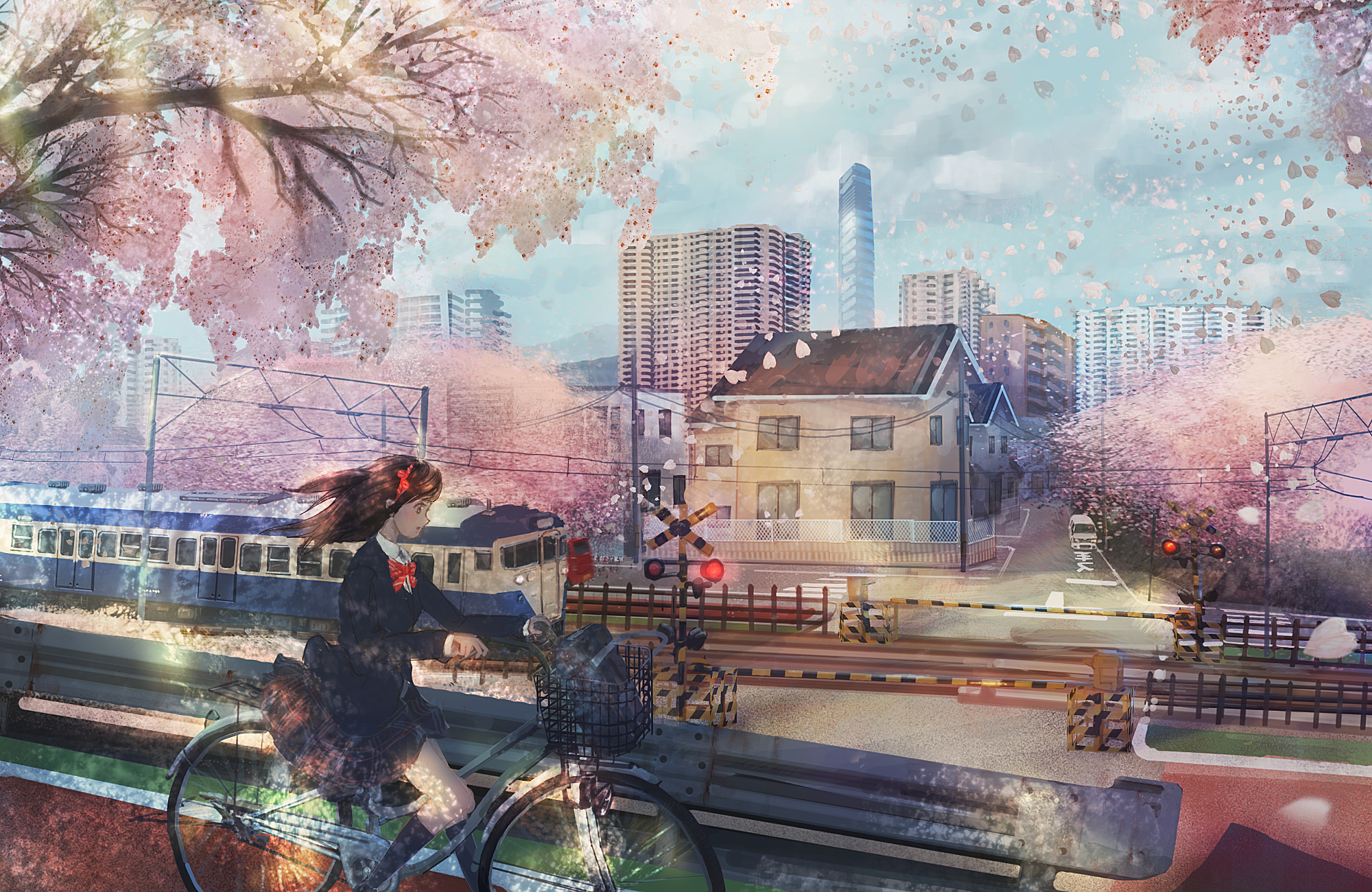 Download mobile wallpaper Anime, City, Bike, Street, Railroad, Cherry Blossom, Original for free.