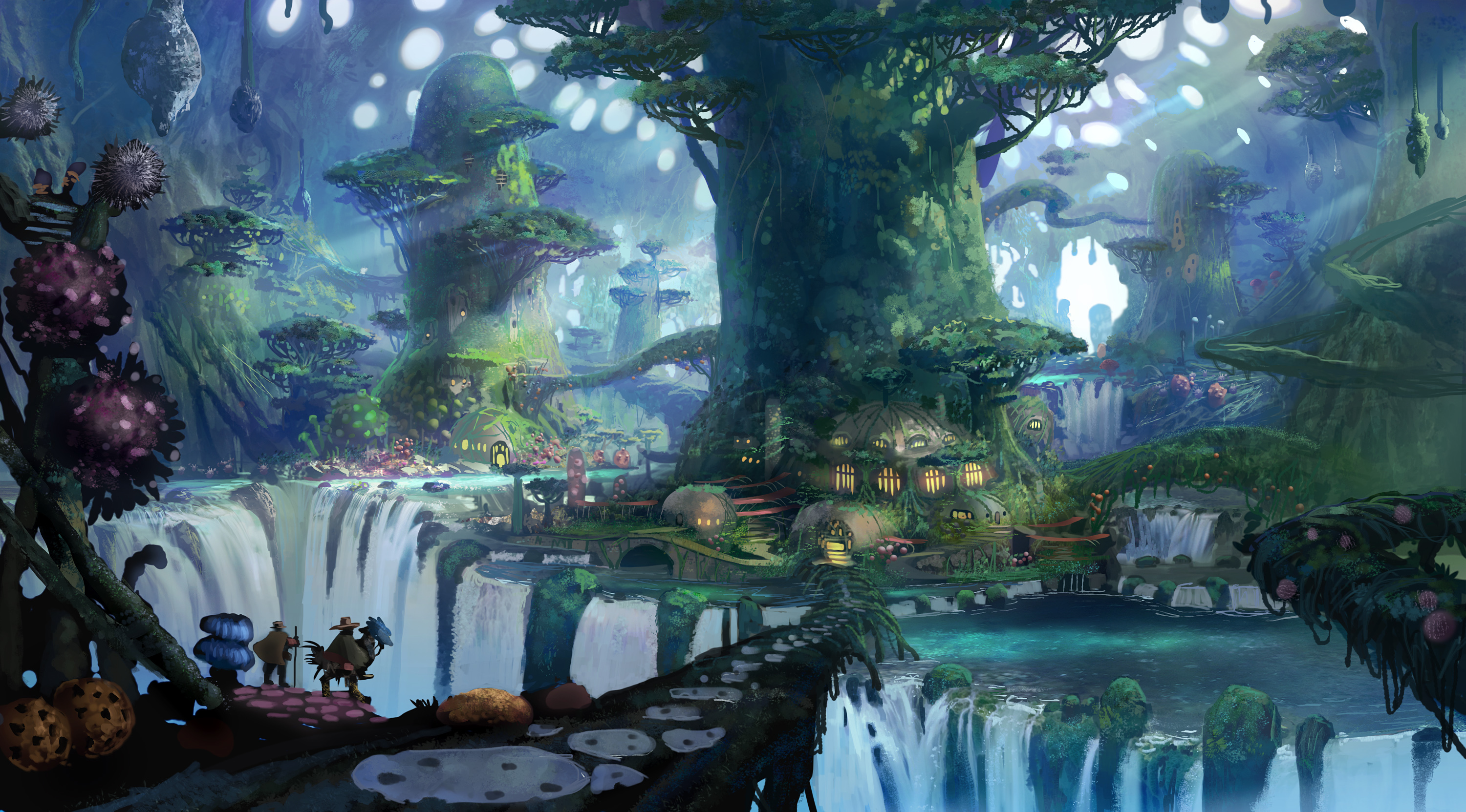 Laden Sie das Fantasie, Stadt, Wasserfall, Wald, Baum-Bild kostenlos auf Ihren PC-Desktop herunter