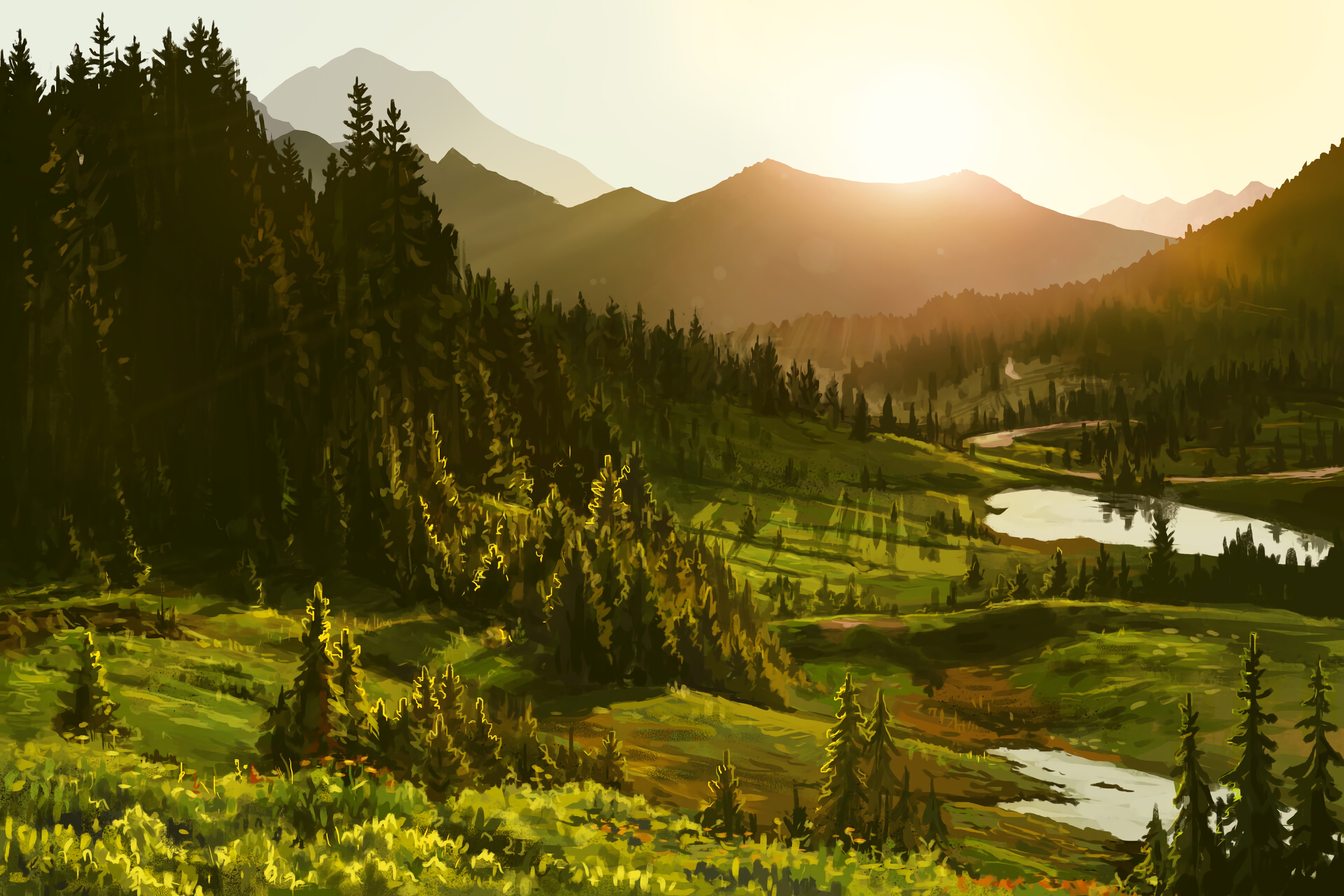 Laden Sie das Wald, Mountains, Sun, Kunst-Bild kostenlos auf Ihren PC-Desktop herunter