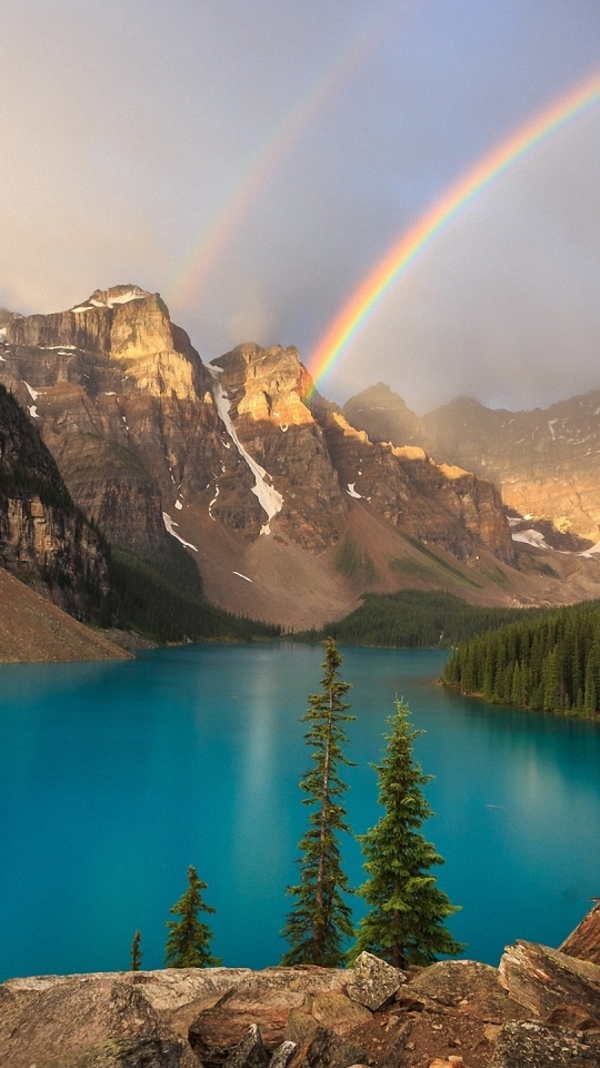 Download mobile wallpaper Landscape, Lakes, Rainbow, Mountain, Lake, Earth, Scenery for free.