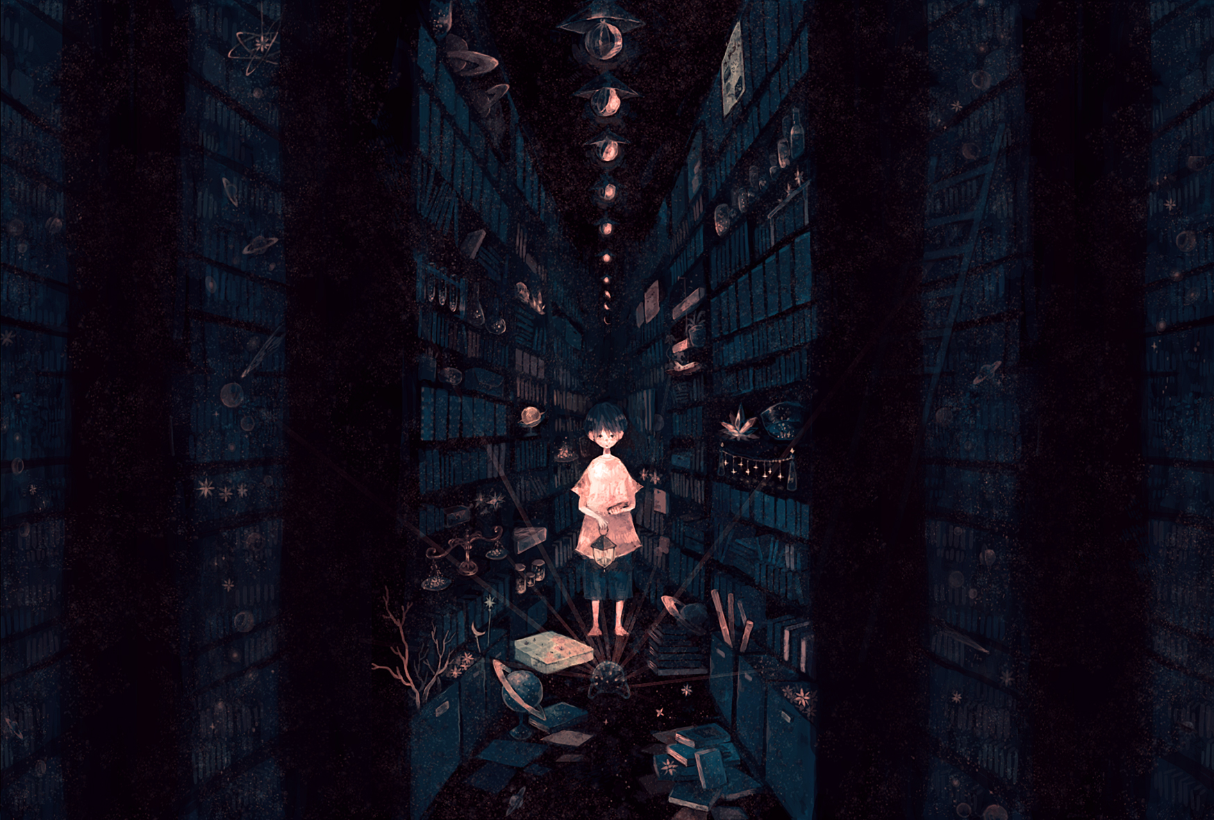 Free download wallpaper Anime, Lantern, Book, Library, Original on your PC desktop