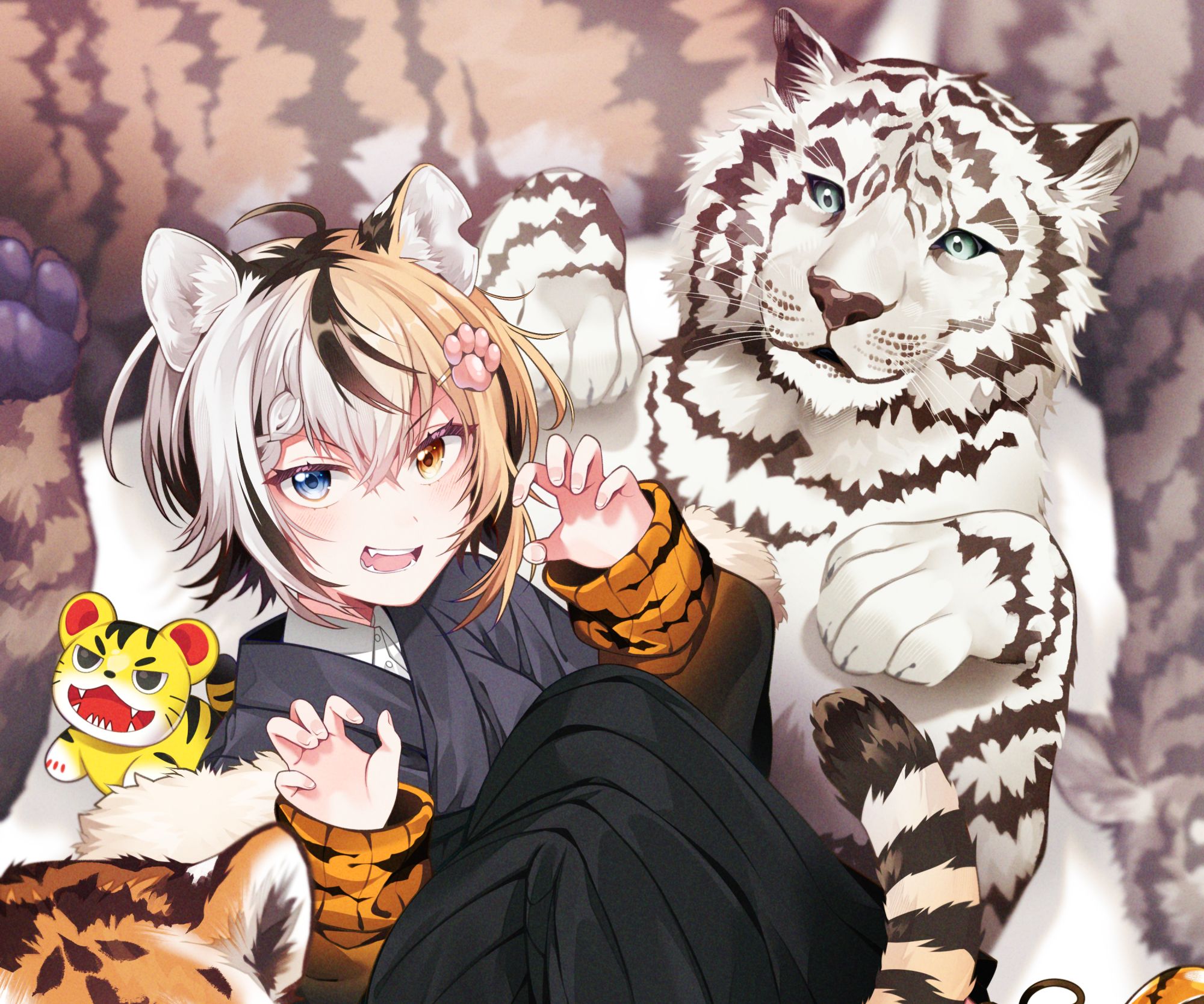 Download mobile wallpaper Anime, Tiger, Boy, Heterochromia for free.