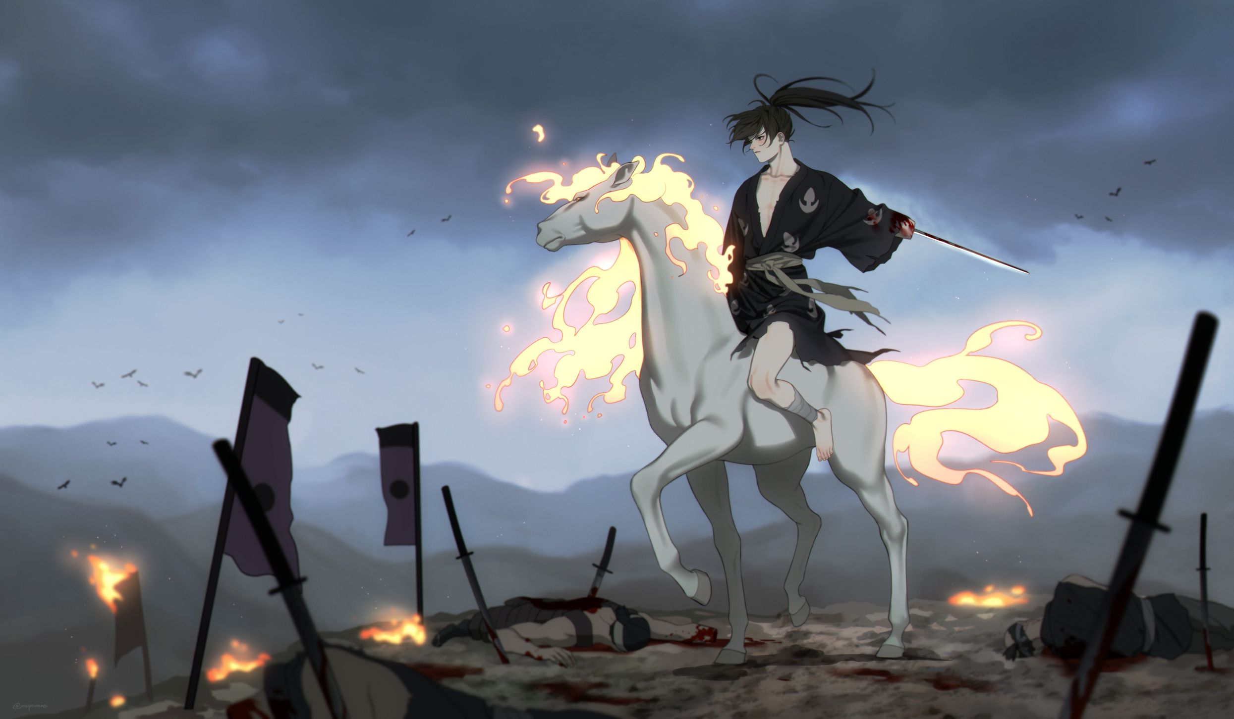 Download mobile wallpaper Anime, Fire, Horse, Barefoot, Hyakkimaru (Dororo), Dororo (Anime), Dororo for free.