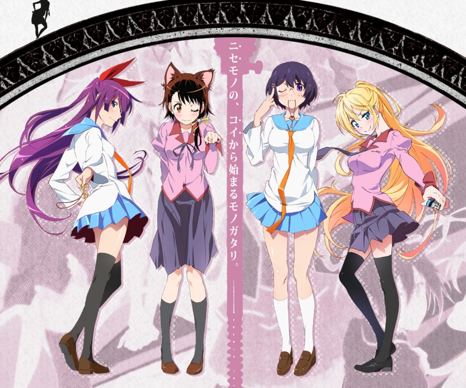Download mobile wallpaper Anime, Crossover, Monogatari (Series), Hitagi Senjōgahara, Tsubasa Hanekawa, Chitoge Kirisaki, Kosaki Onodera, Nisekoi for free.