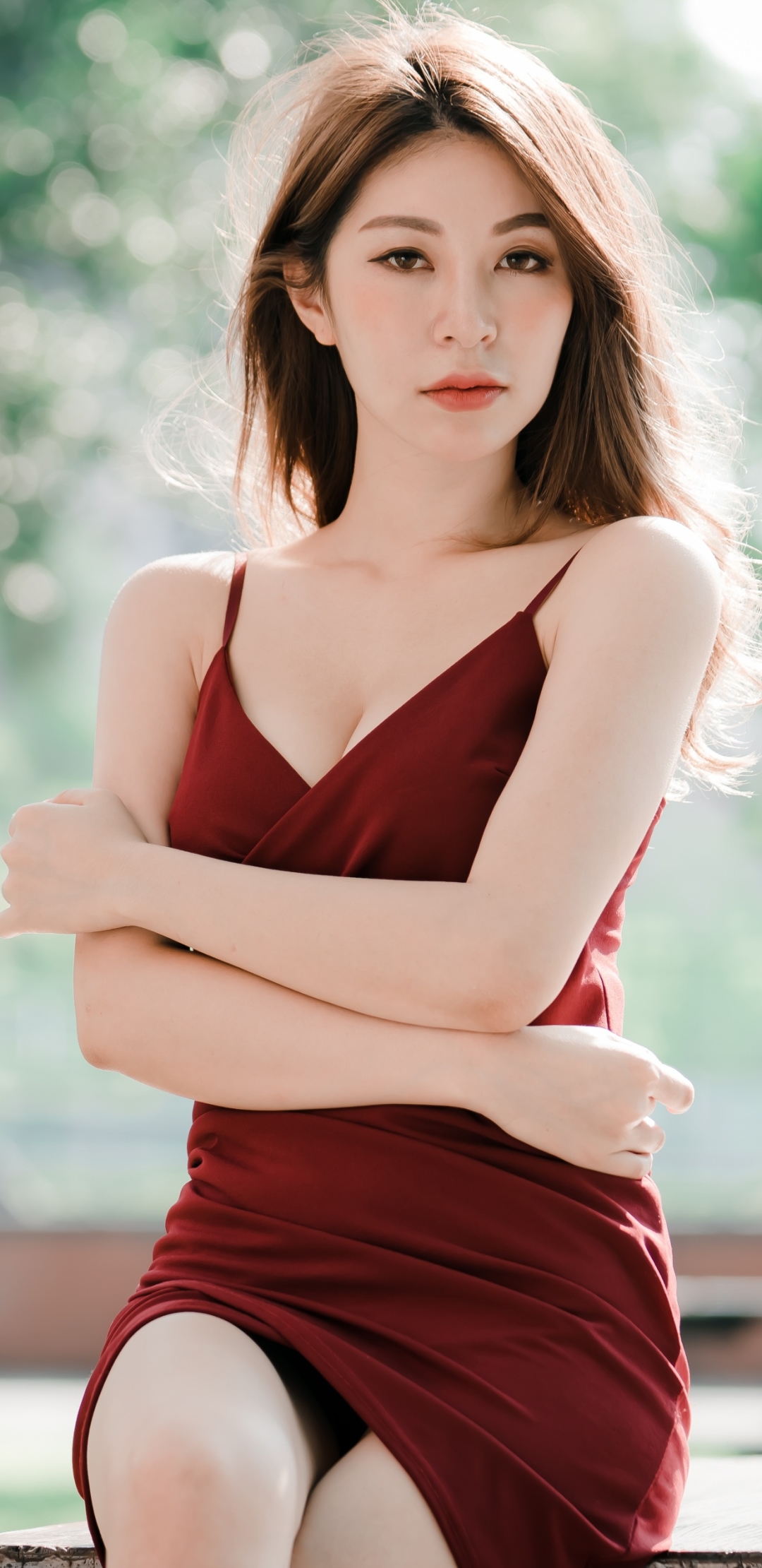 Download mobile wallpaper Brunette, Model, Women, Asian, Red Dress for free.