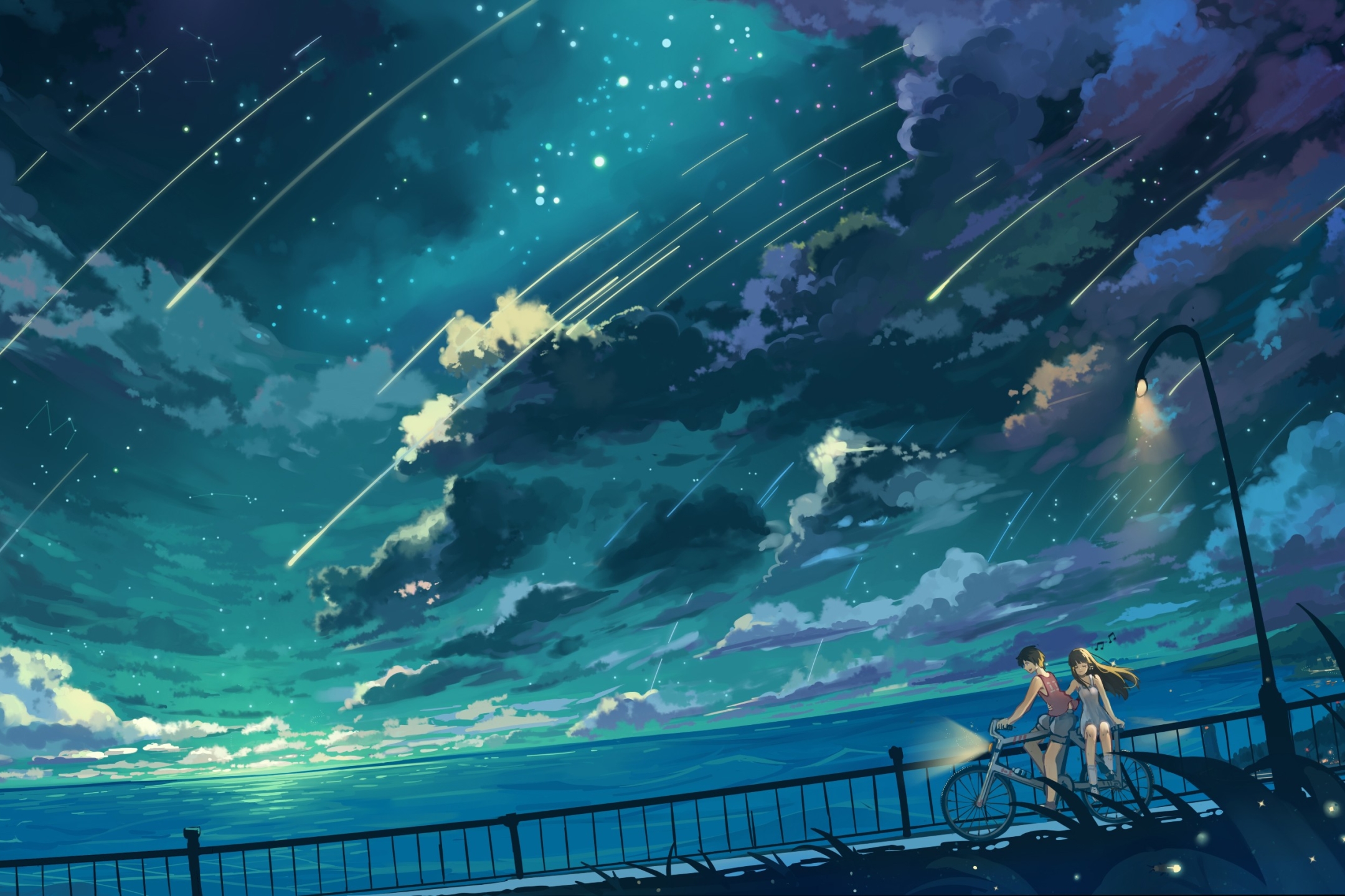 Download mobile wallpaper Anime, Water, Sky, Stars, Horizon, Couple, Ocean, Cloud, Bicycle for free.