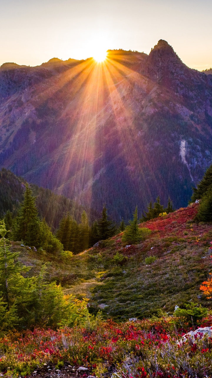 Download mobile wallpaper Landscape, Mountain, Fall, Sunrise, Earth, Sunbeam, Sunbean for free.