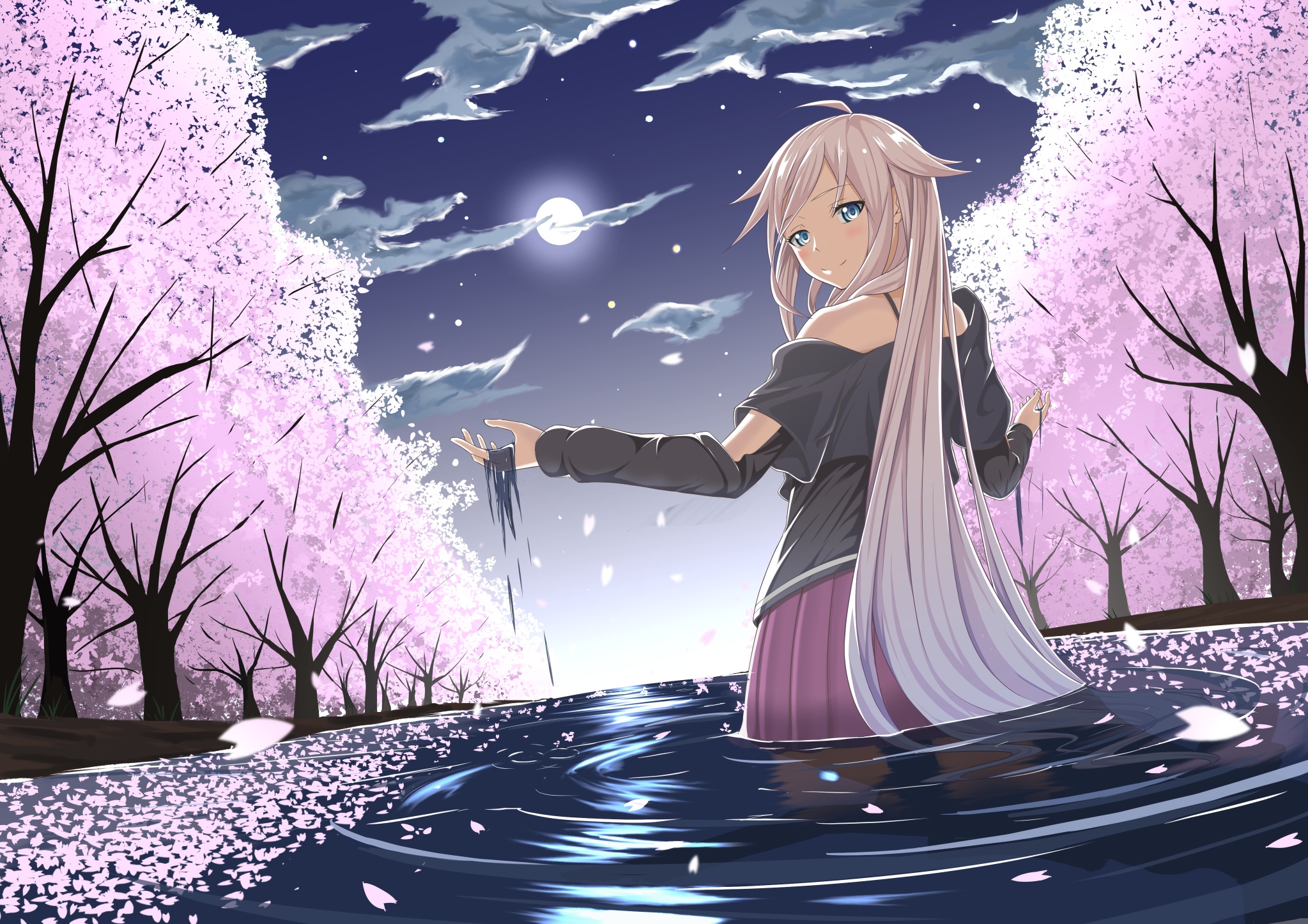 Download mobile wallpaper Anime, Water, Moon, Cloud, Vocaloid, Skirt, Blue Eyes, Cherry Blossom, Blush, Long Hair, White Hair, Ia (Vocaloid) for free.