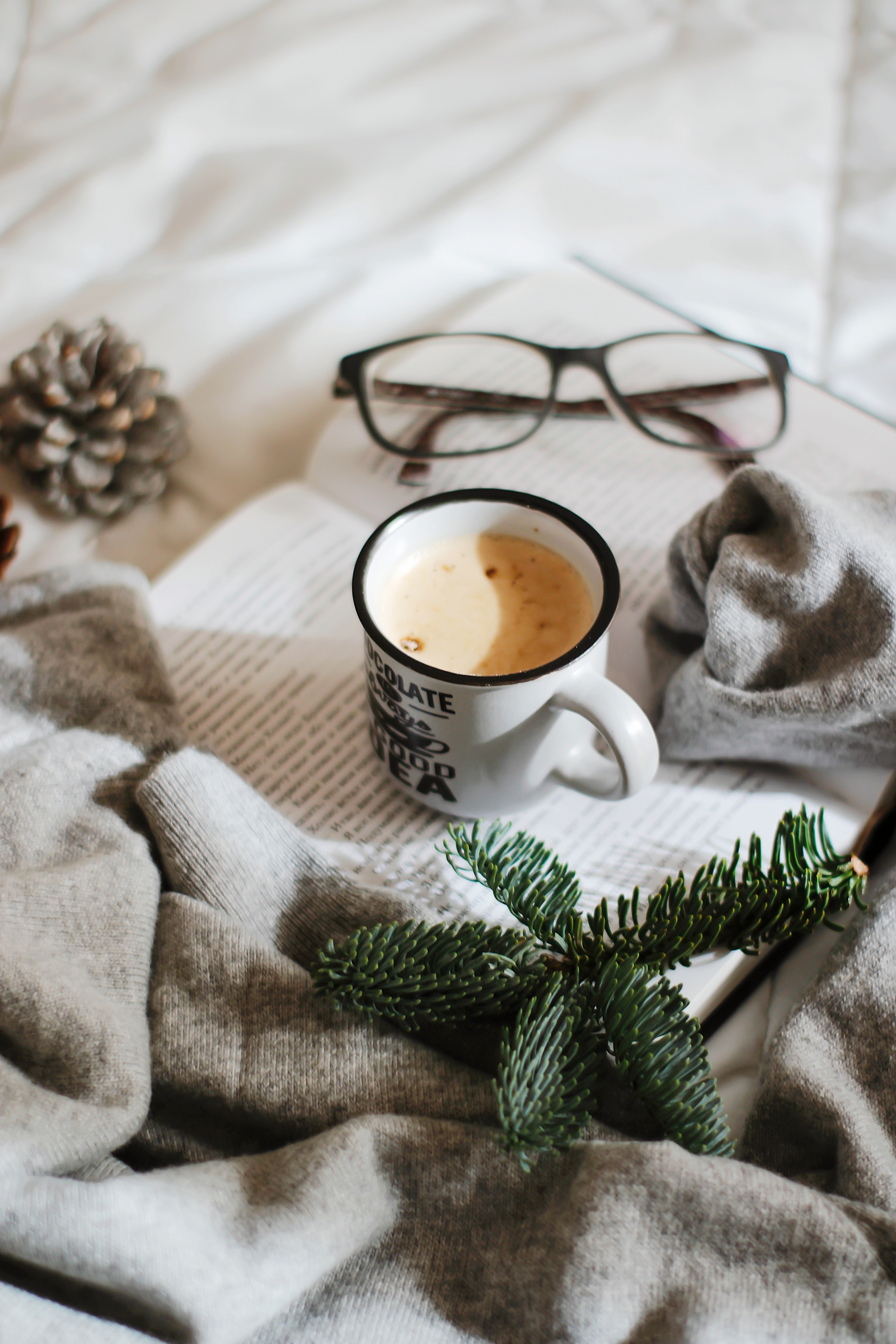 Free download wallpaper Spectacles, Mug, Miscellanea, Miscellaneous, Branch, Cup, Glasses, Book, Coffee on your PC desktop