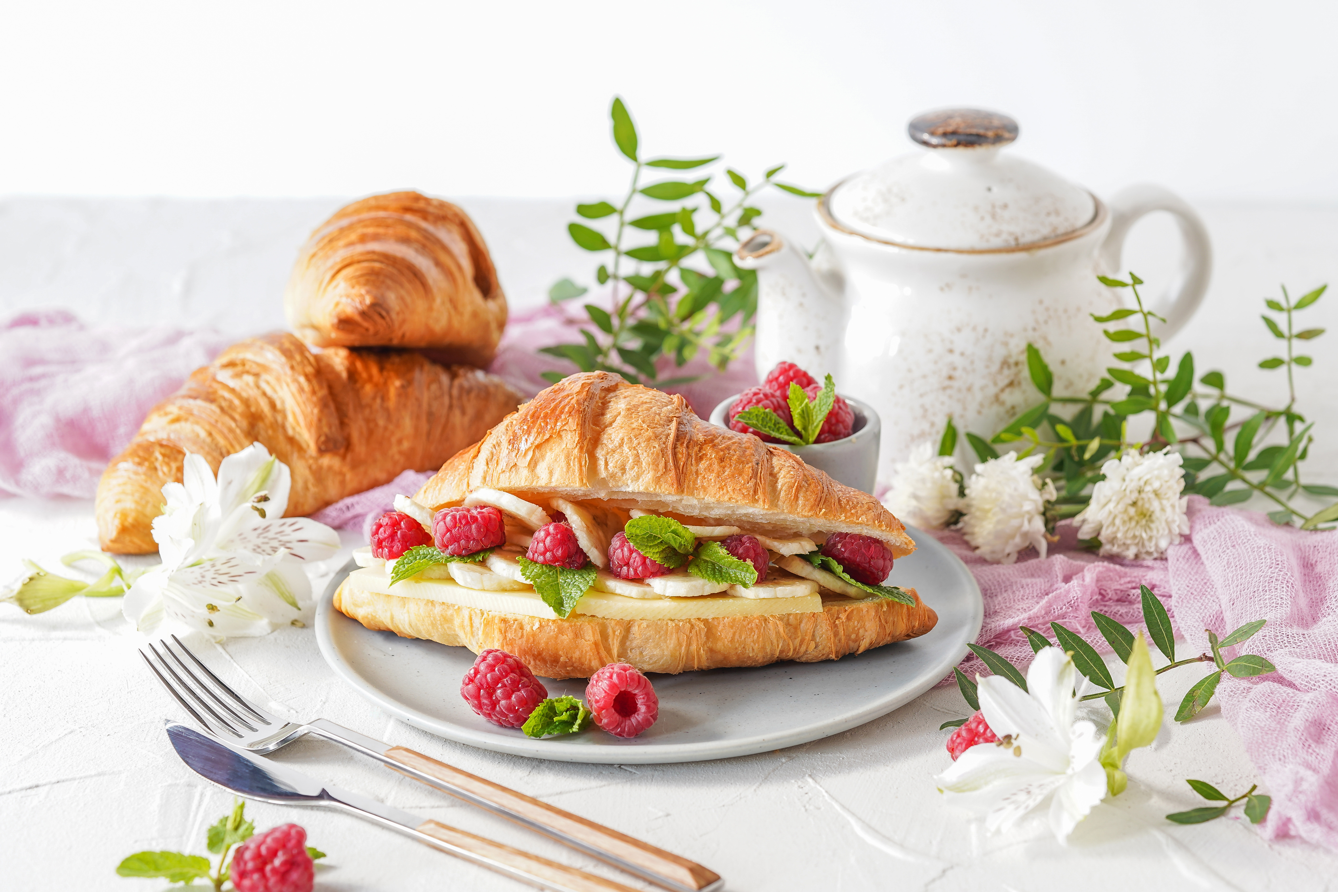 Download mobile wallpaper Food, Raspberry, Still Life, Berry, Breakfast, Croissant for free.