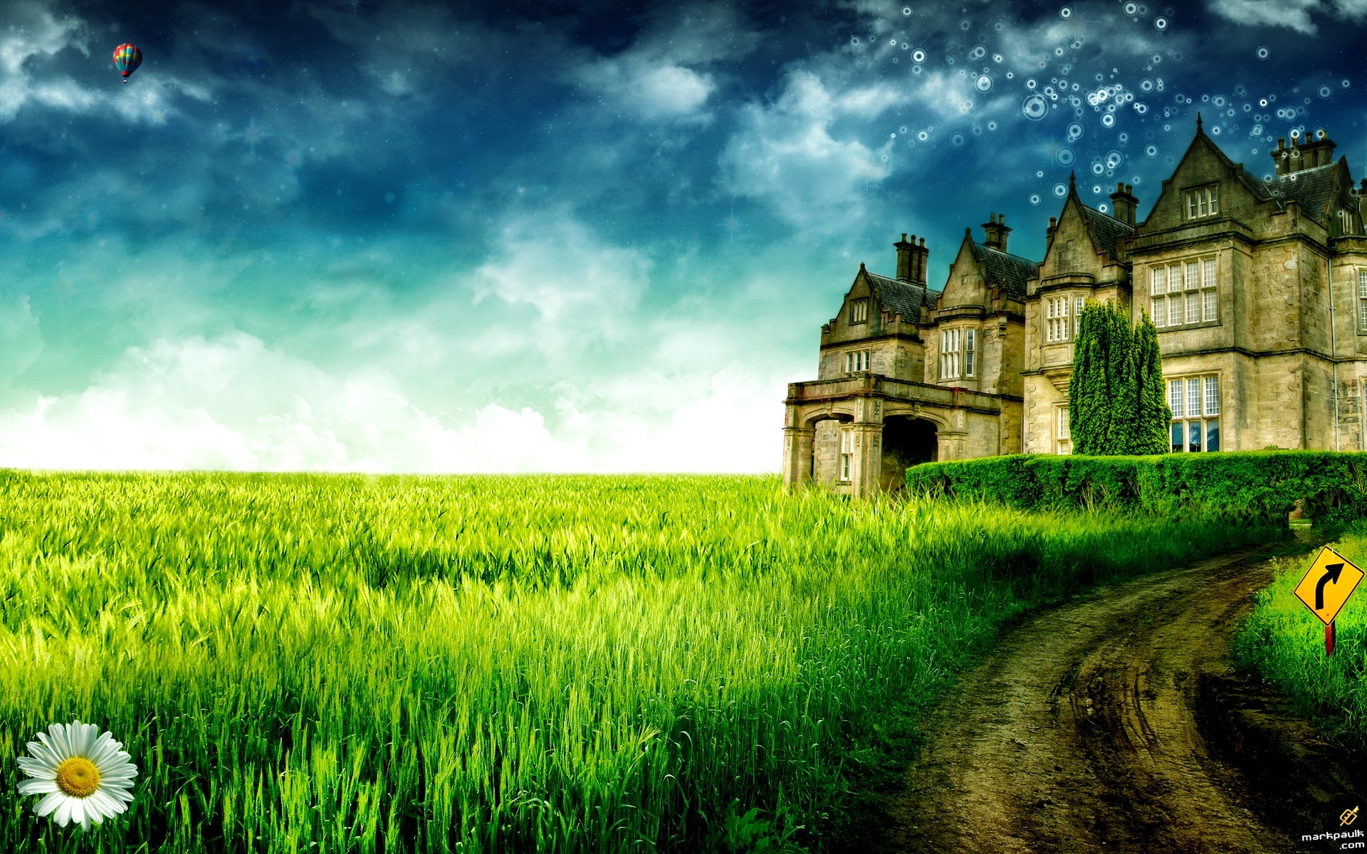 Free download wallpaper Landscape, Houses, Grass, Sky, Architecture, Art on your PC desktop