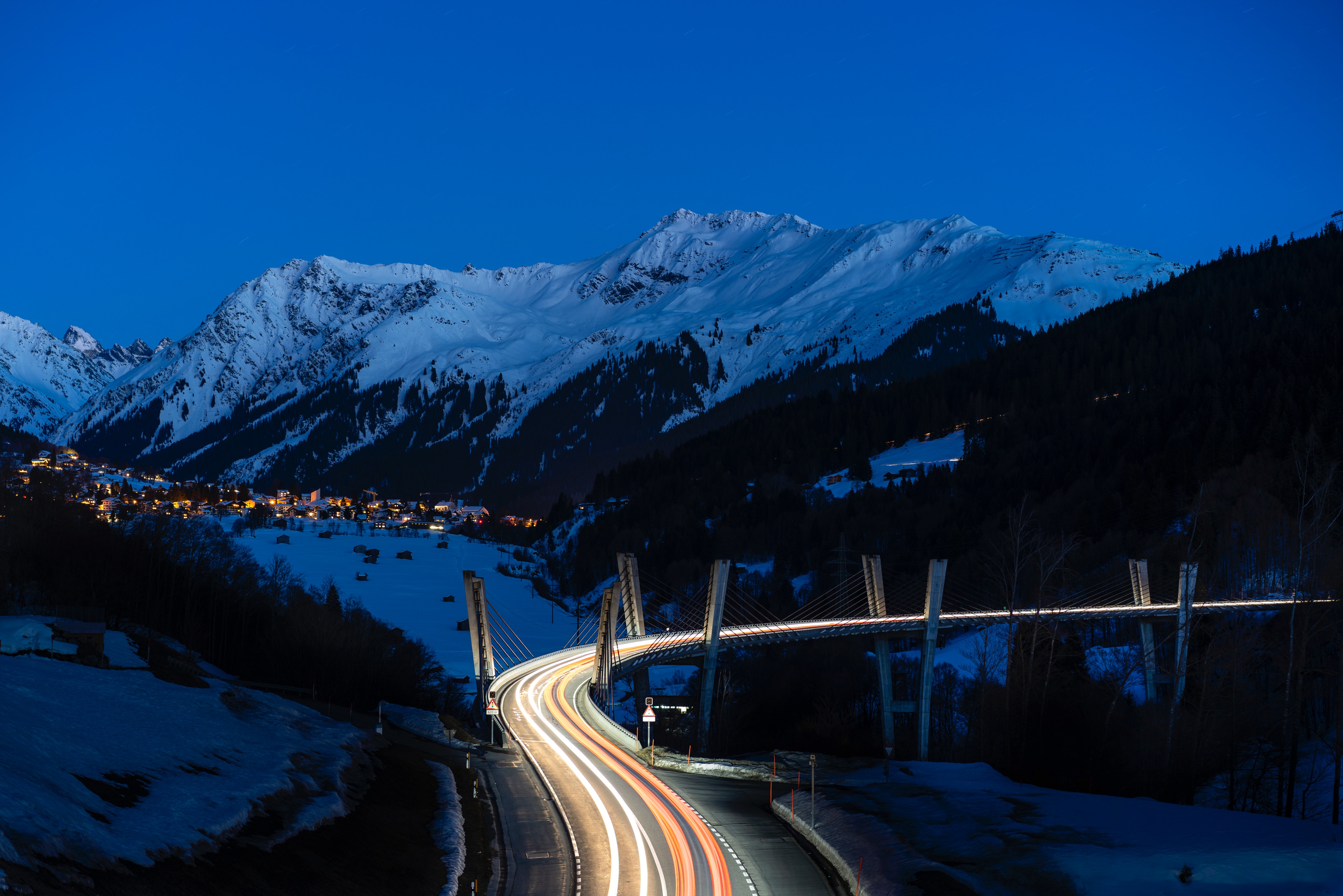 Free download wallpaper Road, Snow Covered, Snowbound, Long Term Exposure, Nature, Mountains, Night on your PC desktop