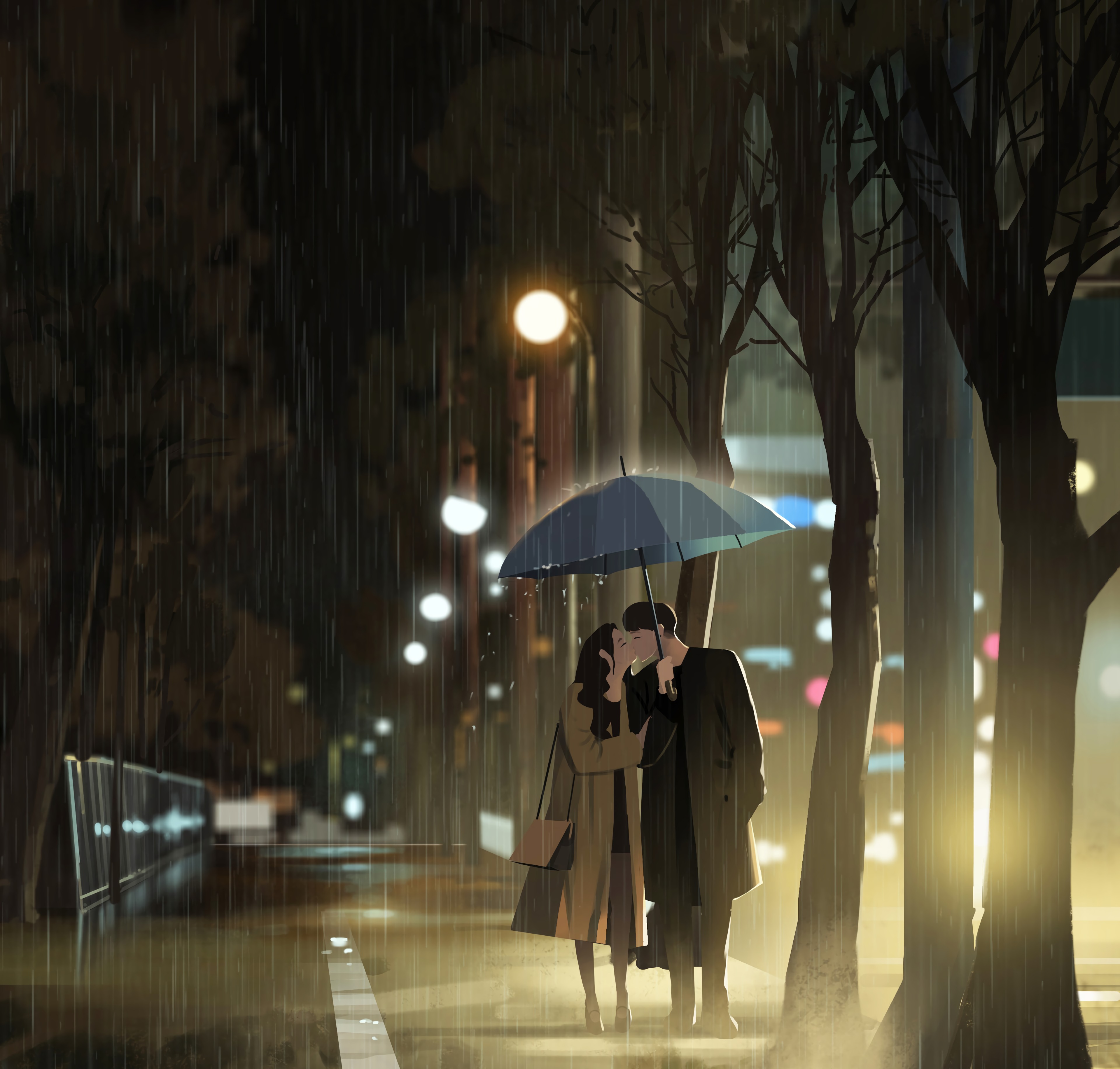love, art, kiss, rain Full HD