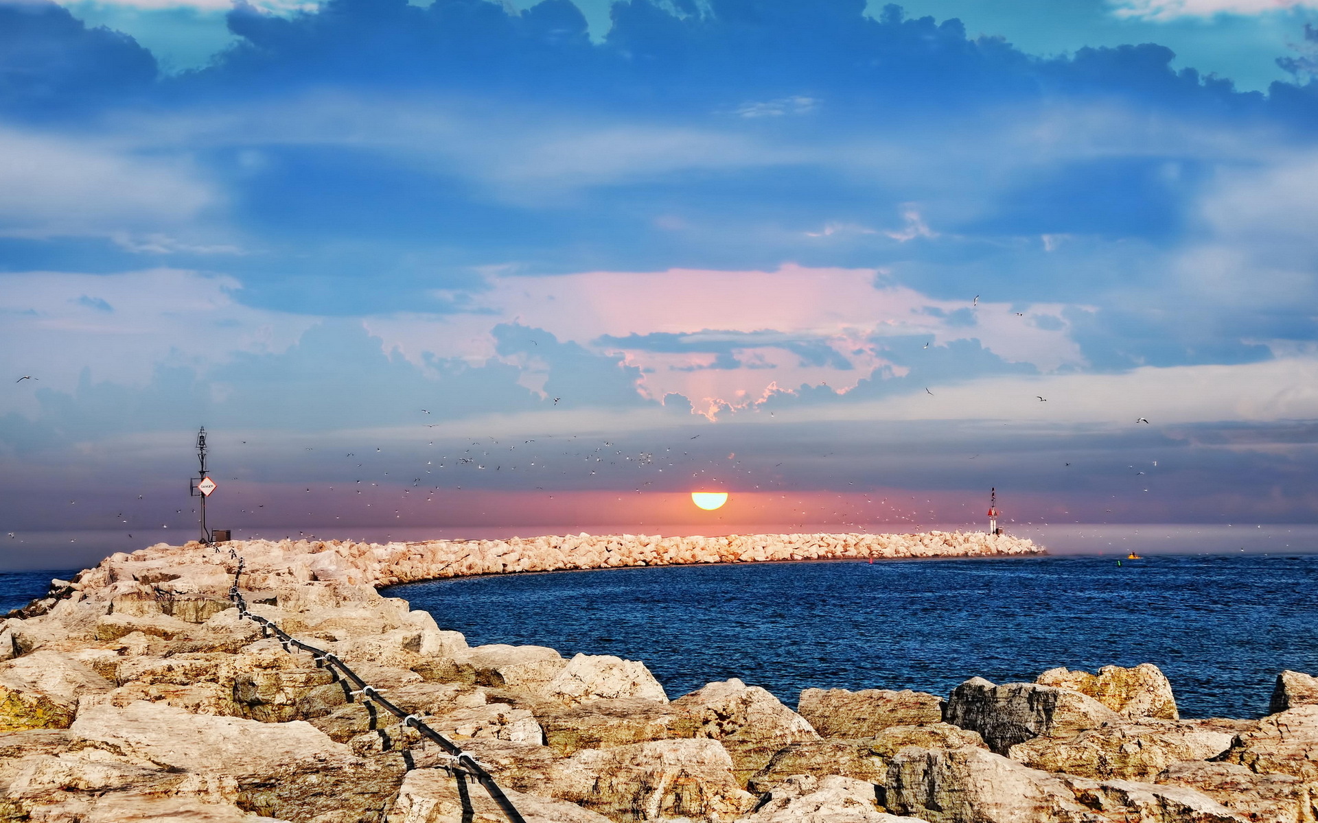 Free download wallpaper Sunset, Sky, Sea, Ocean, Earth, Lighthouse, Cloud on your PC desktop