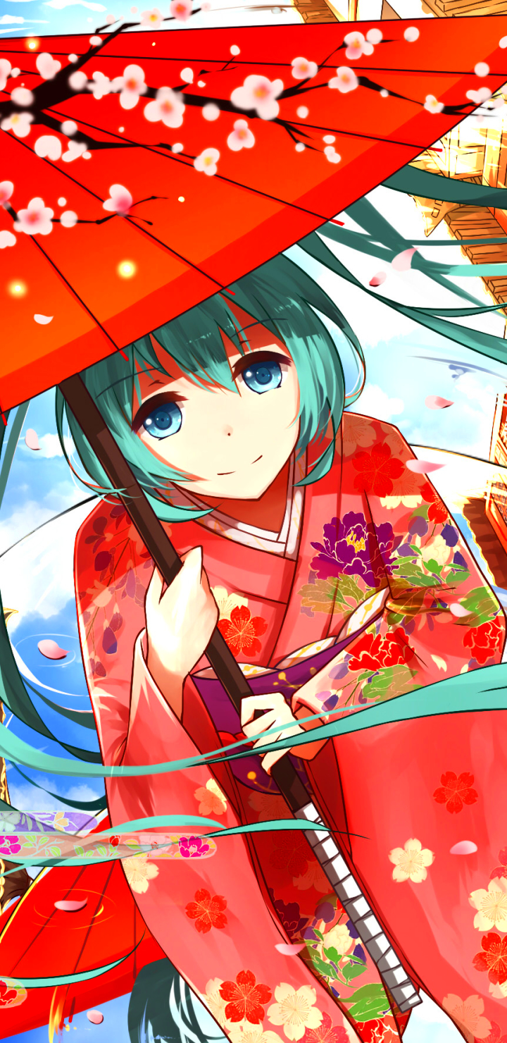 Handy-Wallpaper Regenschirm, Vocaloid, Kimono, Blütenblatt, Blaue Augen, Blaue Haare, Hatsune Miku, Animes, Lange Haare kostenlos herunterladen.