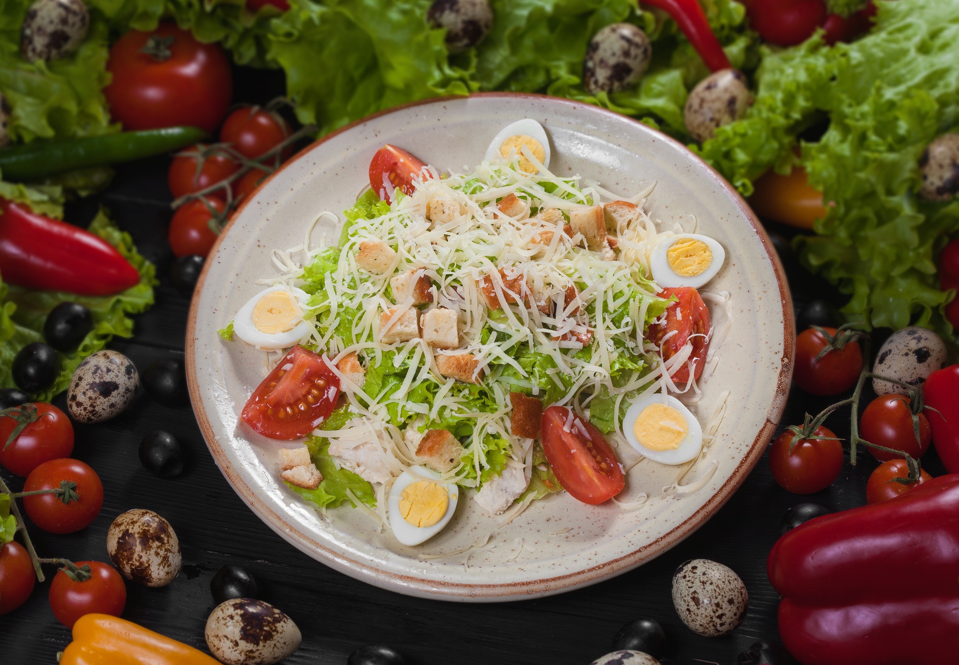 Handy-Wallpaper Salat, Tomate, Hühnerei, Nahrungsmittel, Stillleben kostenlos herunterladen.