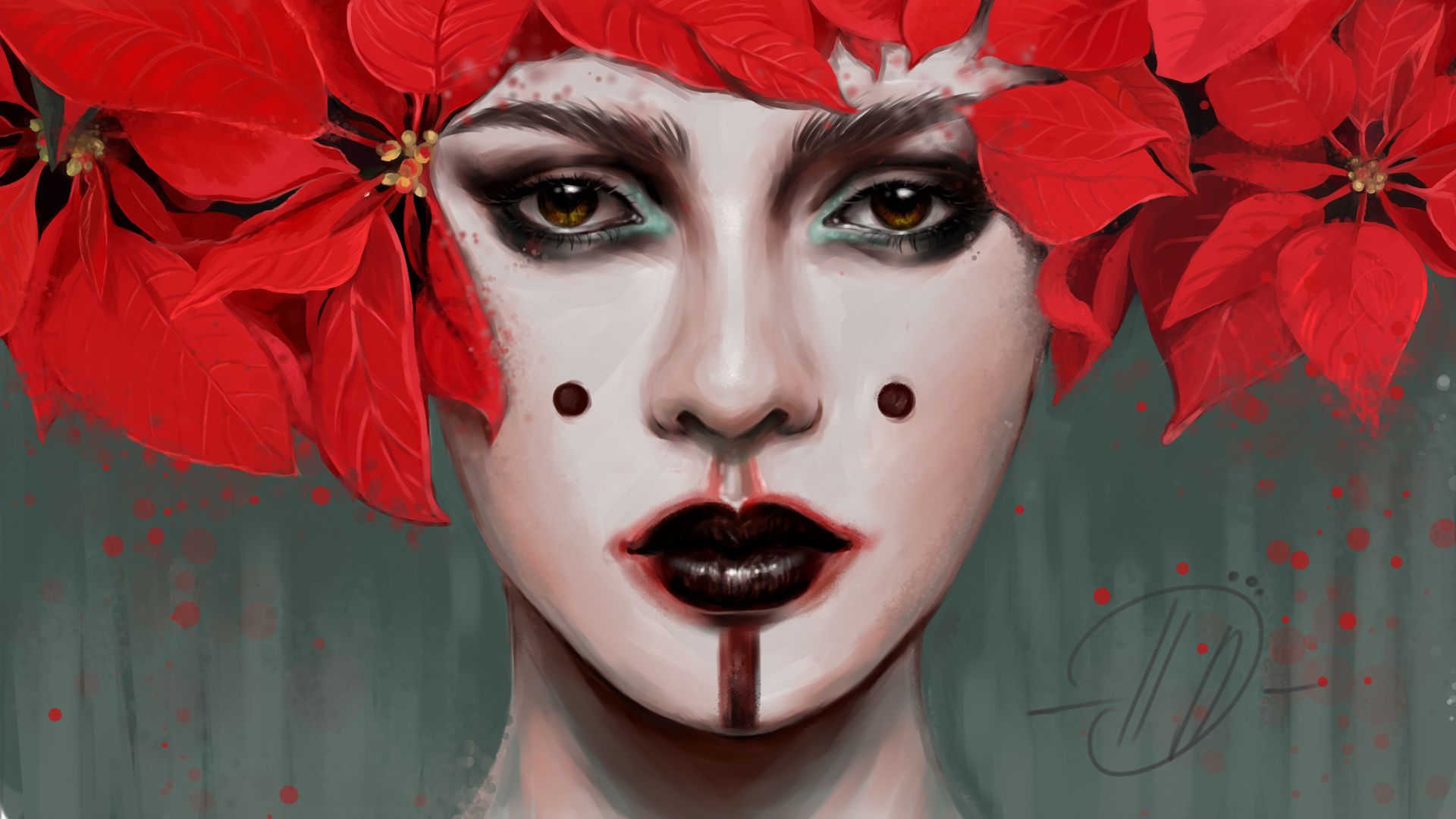 women, artistic, face, leaf, lipstick, poinsettia