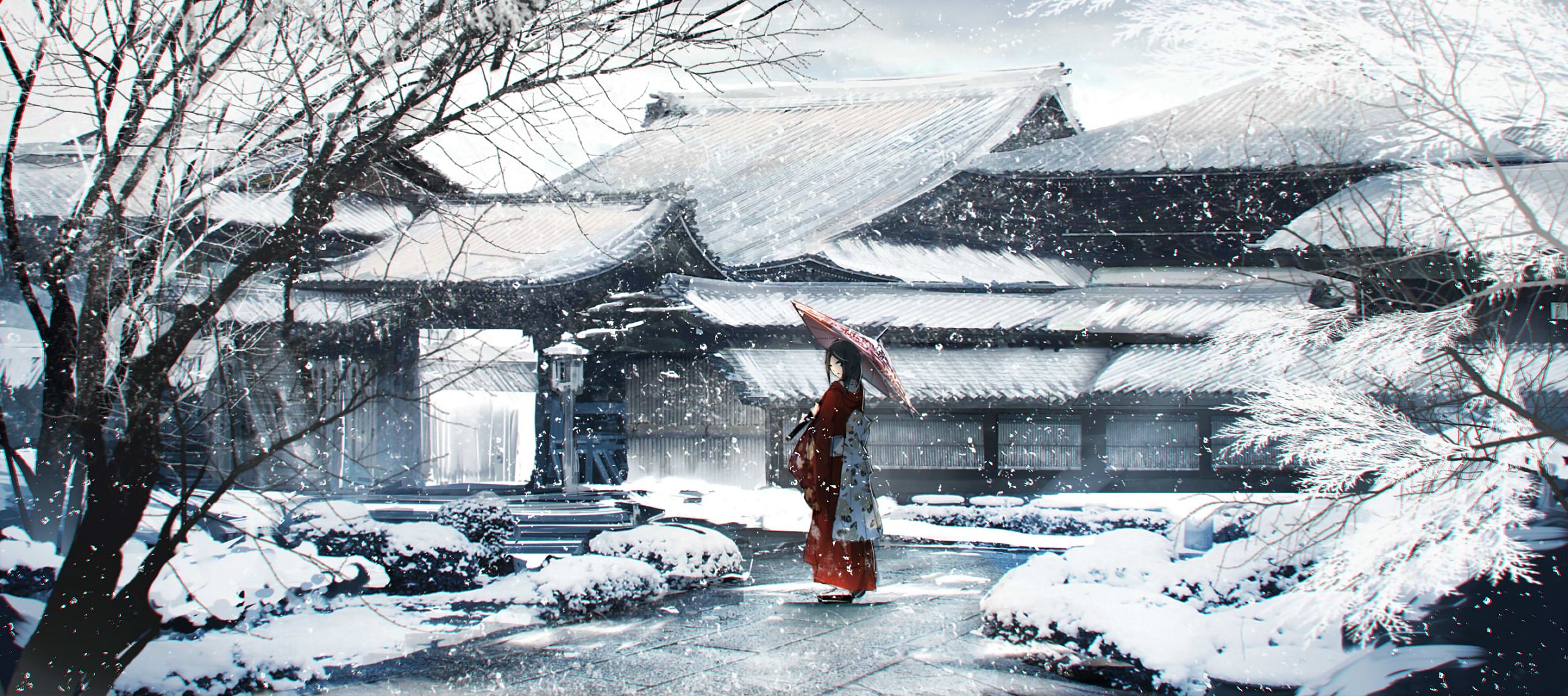 umbrella, snow, winter, anime, original, cold, house, tree