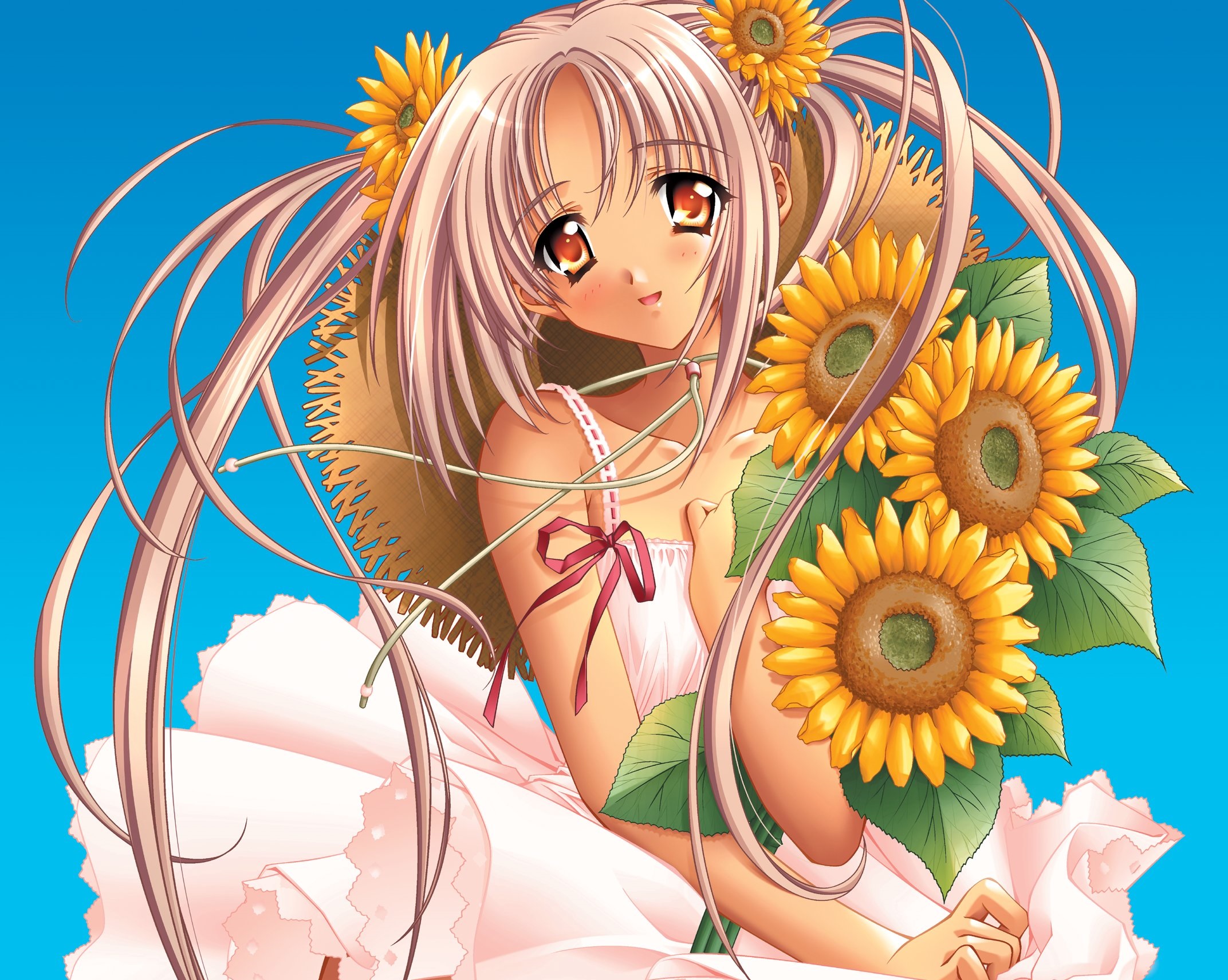 Download mobile wallpaper Anime, Smile, Sunflower, Hat, Original, Blush, Long Hair, Brown Hair, Twintails for free.