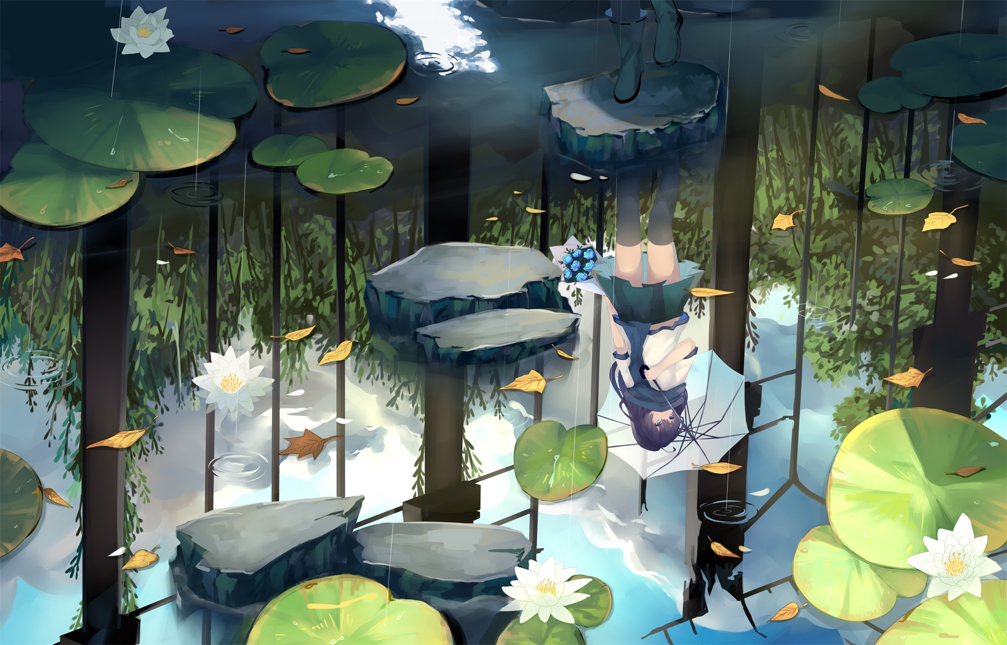 Free download wallpaper Anime, Water, Reflection, Umbrella, Water Lily, Original on your PC desktop