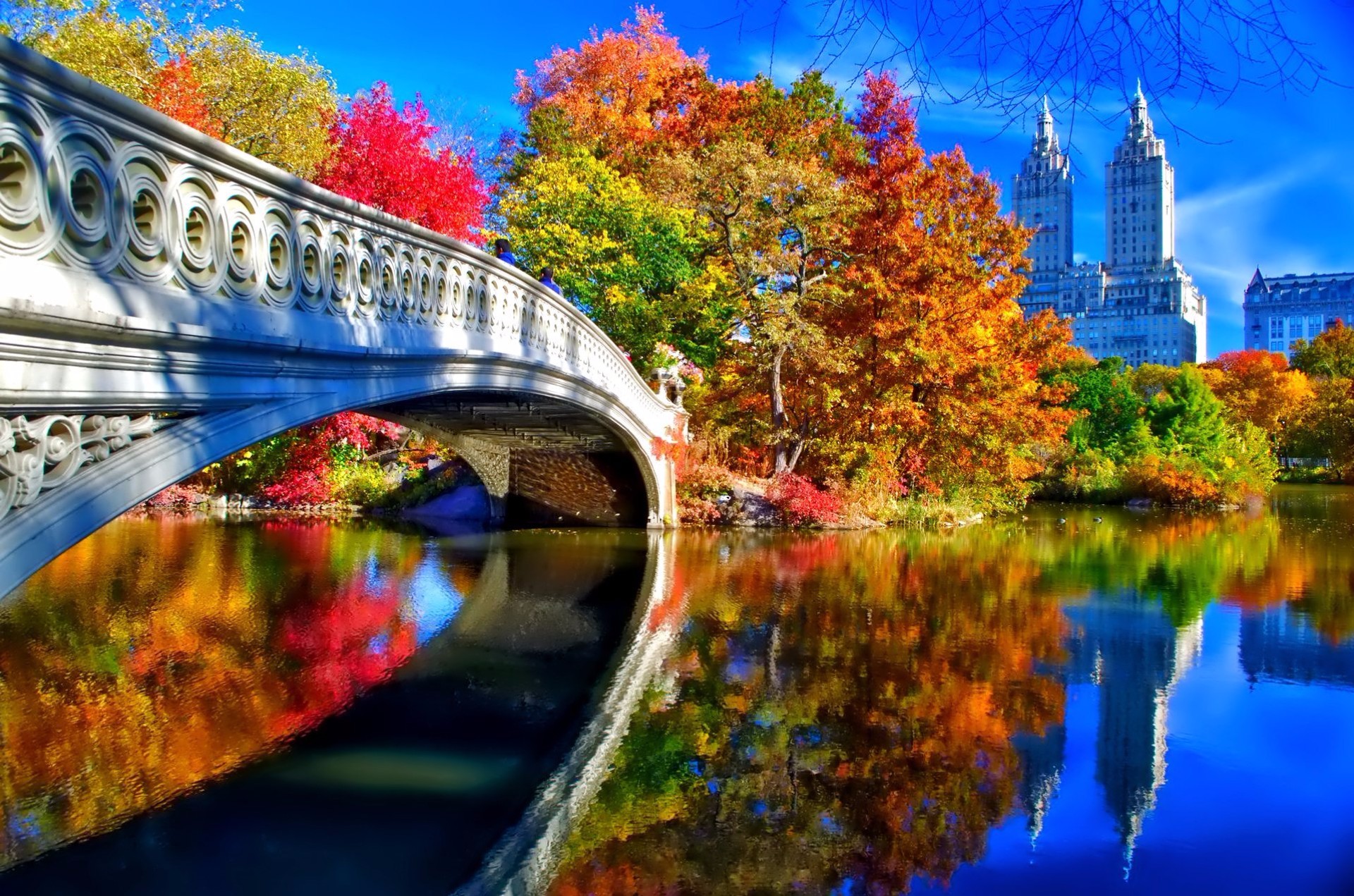 man made, bridge, bow bridge, building, central park, fall, new york, reflection, tree, bridges