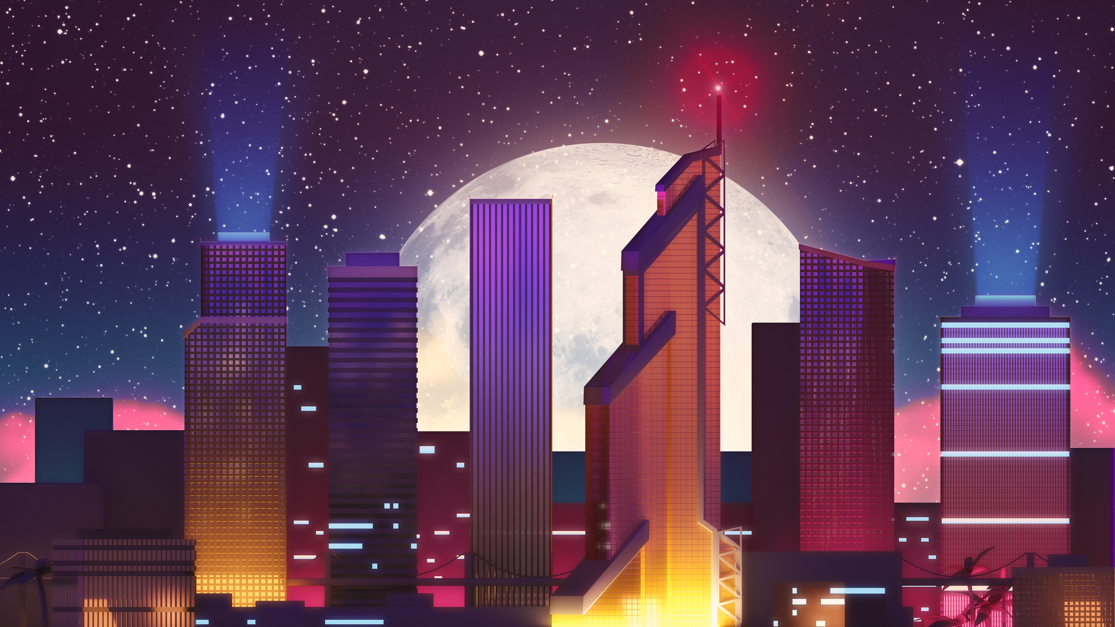 Laden Sie das Mond, Neon, Künstlerisch, Großstadt-Bild kostenlos auf Ihren PC-Desktop herunter