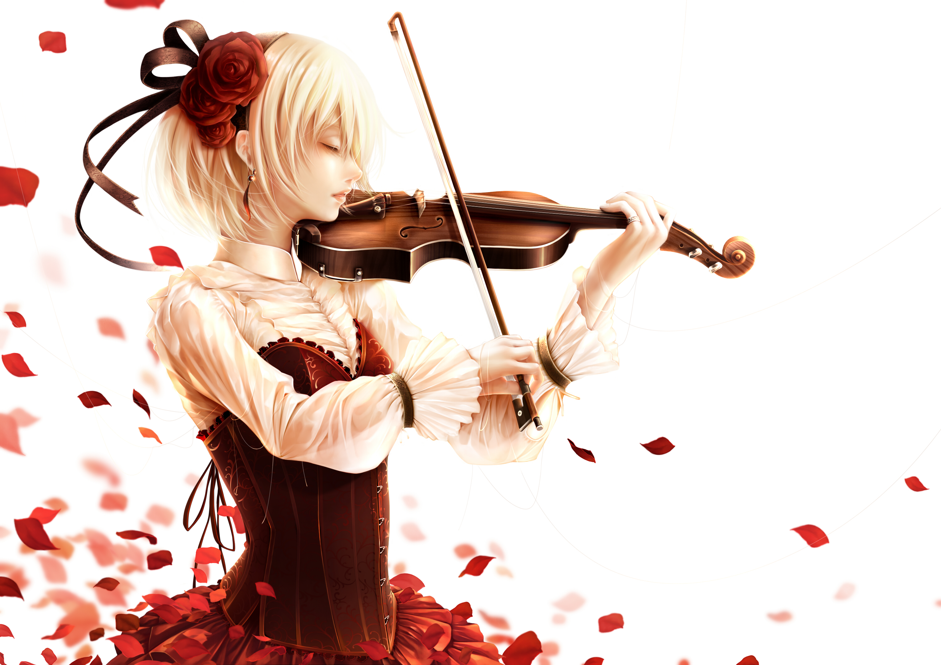 742698 Hintergrundbild herunterladen animes, musik, blondinen, blütenblatt, rote blume, kurzes haar, violine, violinist - Bildschirmschoner und Bilder kostenlos
