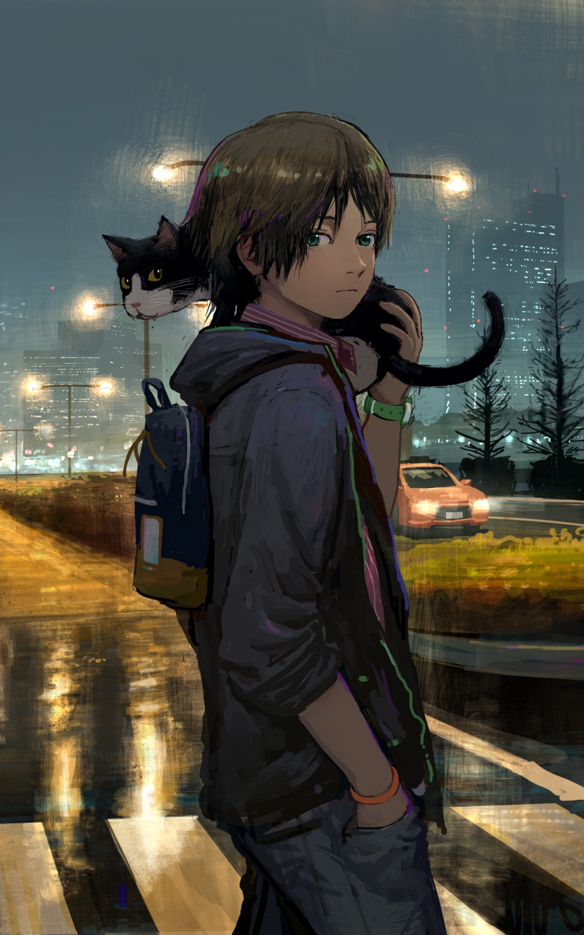 Download mobile wallpaper Anime, Night, Cat, Boy for free.