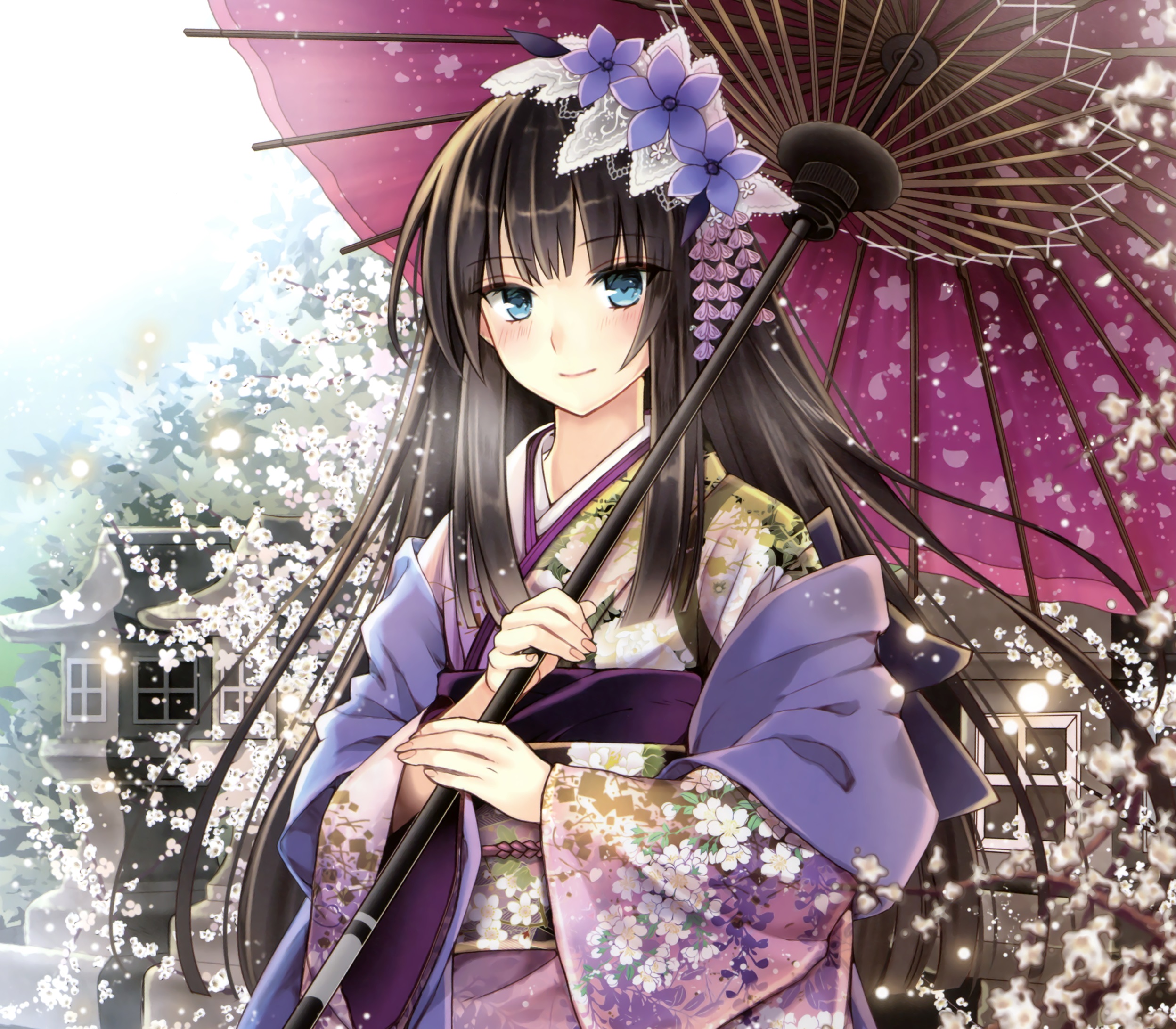 anime, original, black hair, blush, cherry blossom, flower, headdress, kimono, long hair, parasol, smile