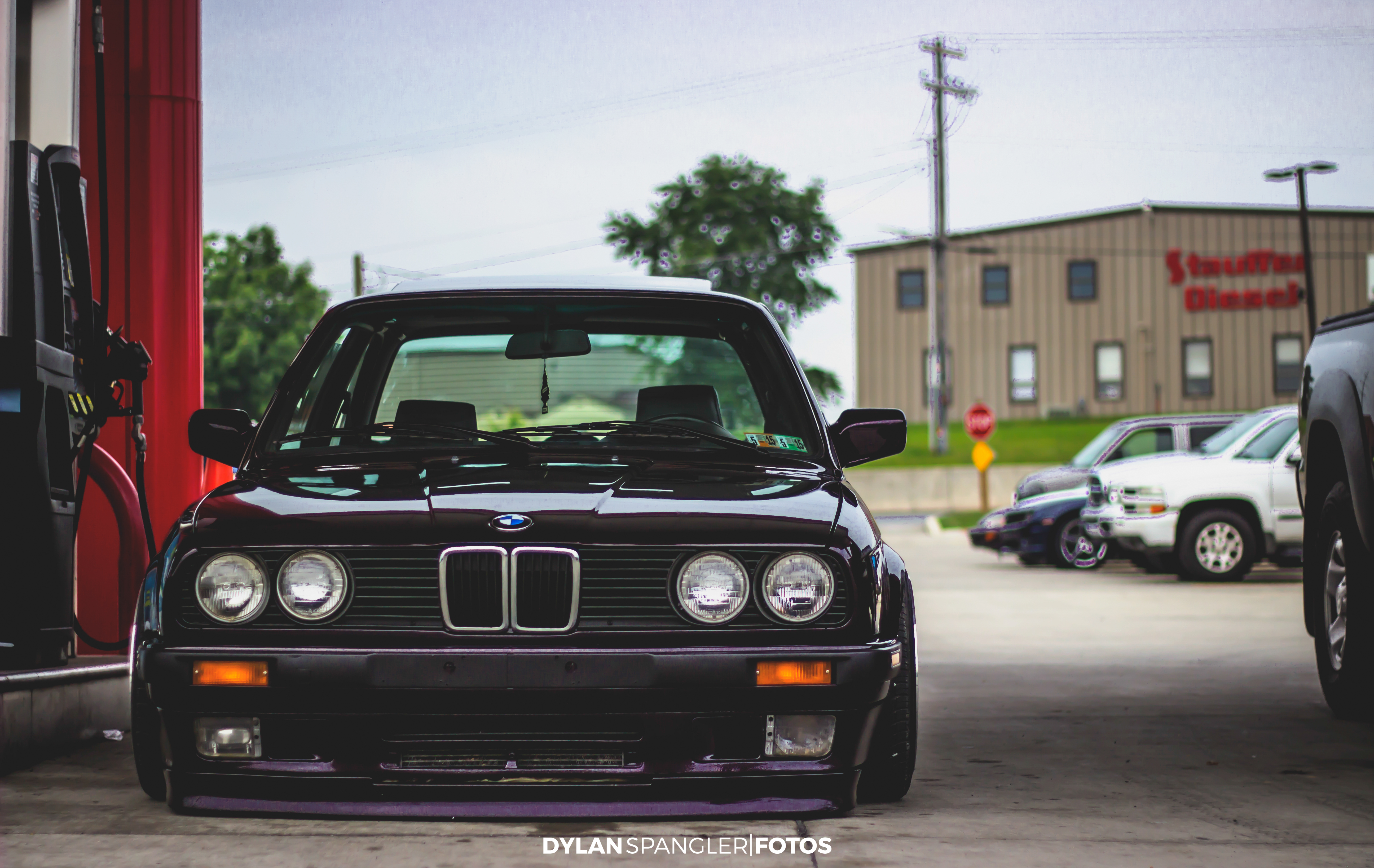 bmw, cars, front bumper, gas station Panoramic Wallpaper