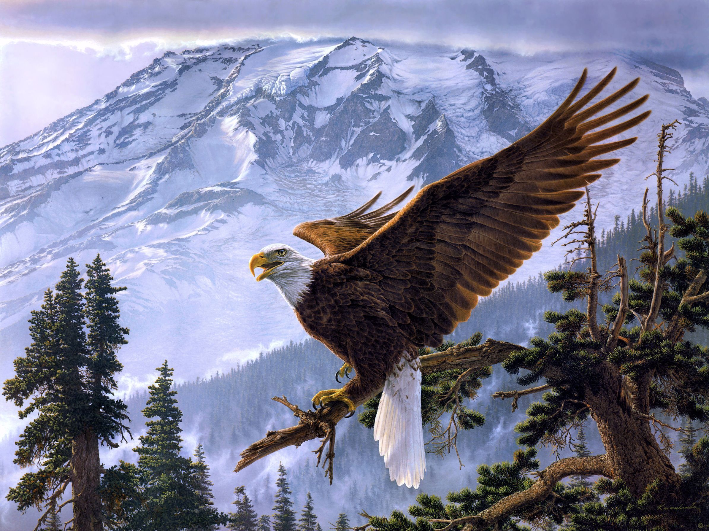 Download mobile wallpaper Bald Eagle, Eagle, Bird, Animal, Mountain, Artistic for free.