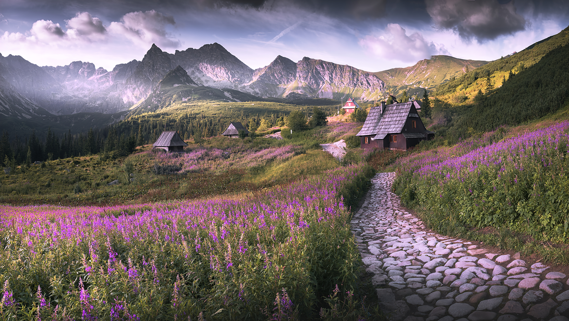 Download mobile wallpaper Landscape, Mountain, Flower, House, Path, Photography for free.