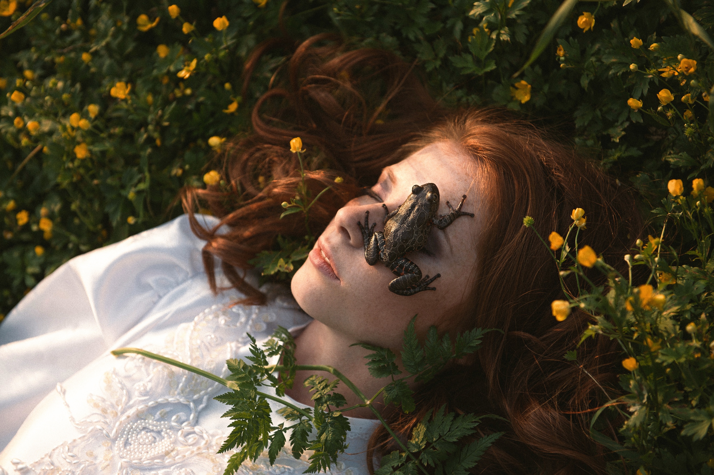 Free download wallpaper Redhead, Mood, Sleeping, Model, Frog, Women, Yellow Flower on your PC desktop