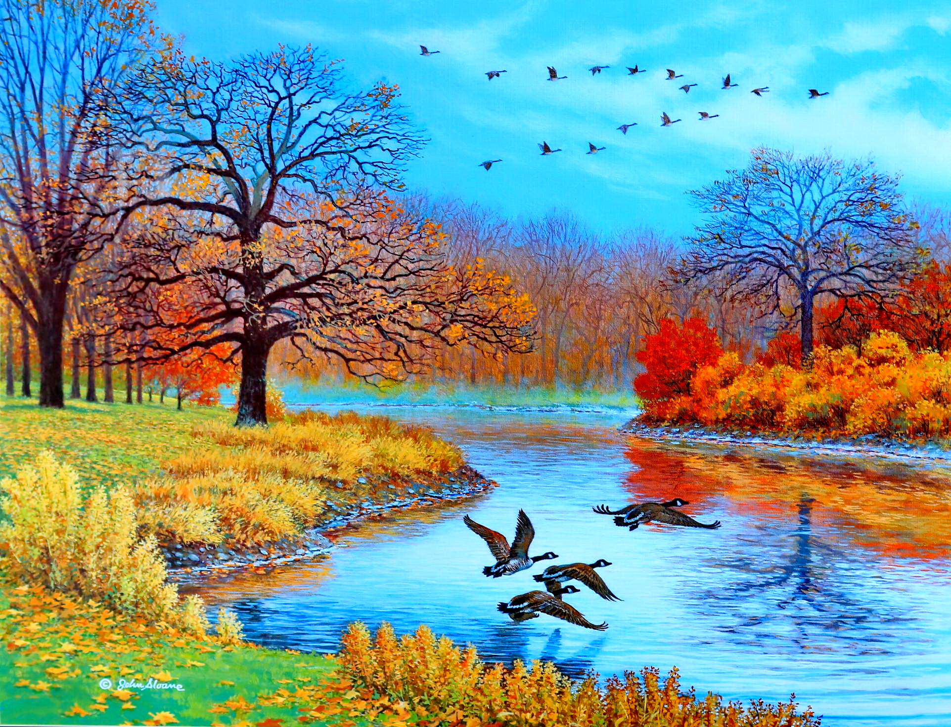 Download mobile wallpaper Forest, Tree, Fall, Duck, Painting, Pond, Artistic for free.