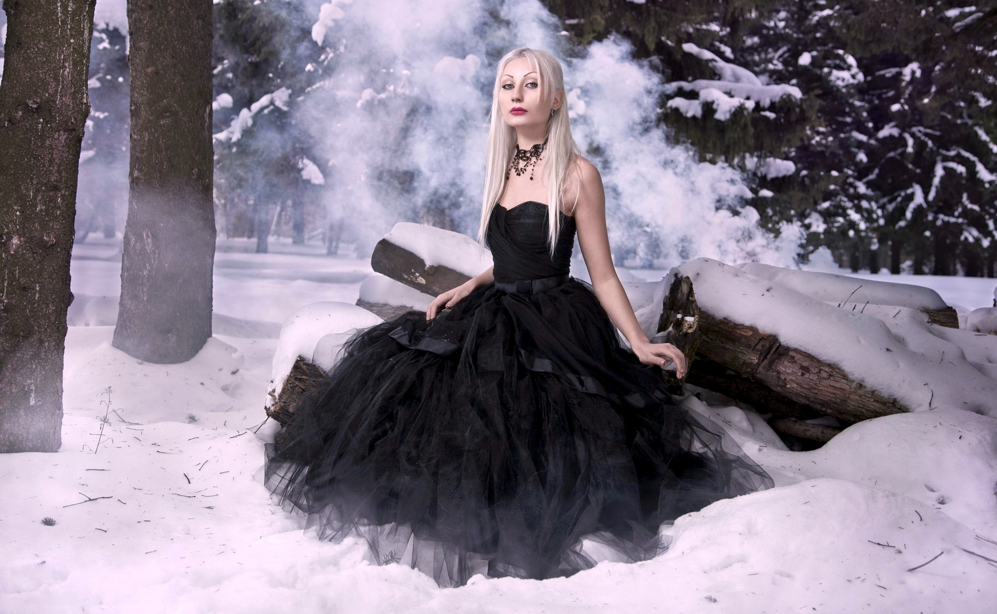 Download mobile wallpaper Gothic, Snow, Forest, Blonde, Ribbon, Model, Women for free.