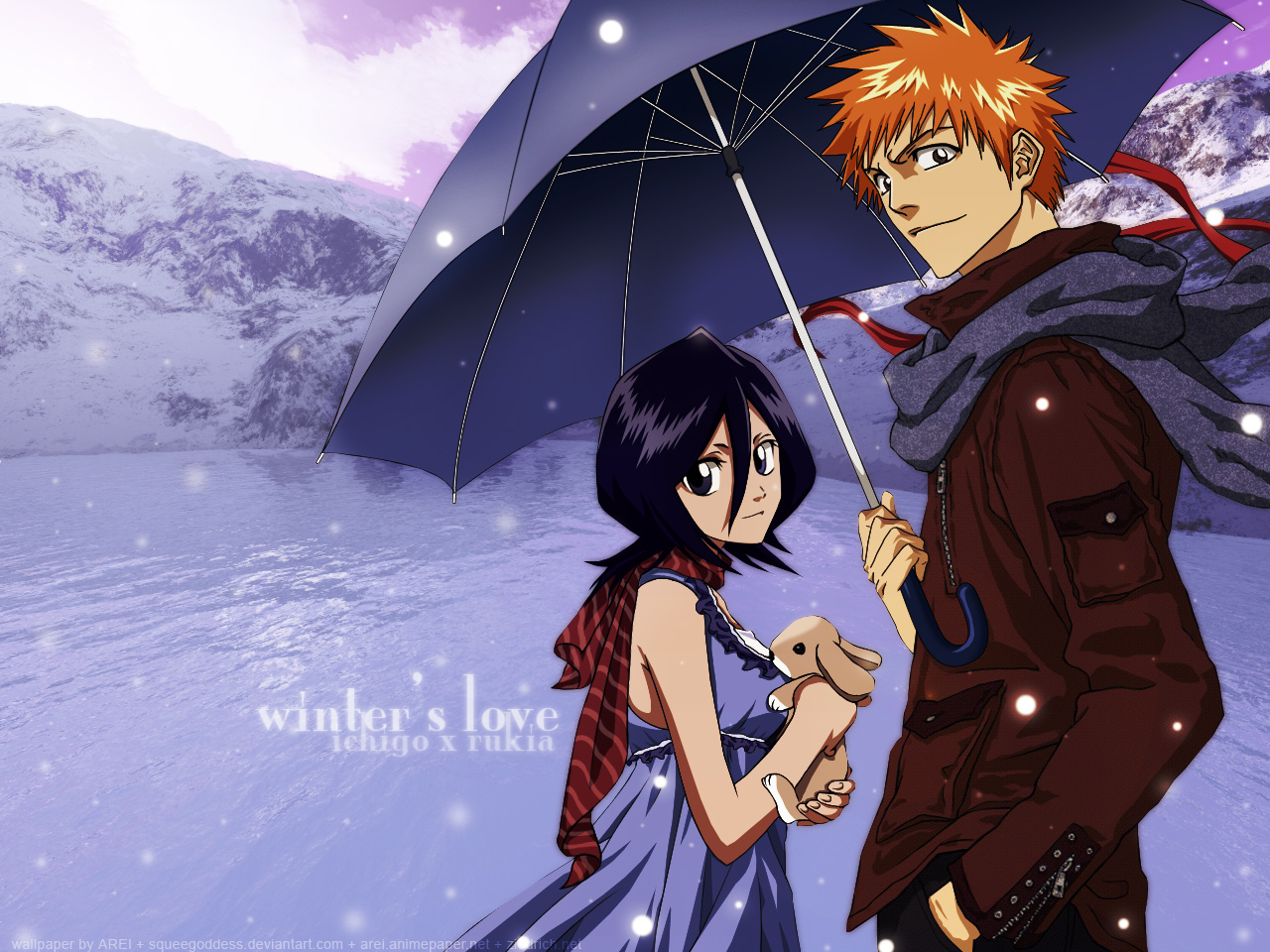 Download mobile wallpaper Anime, Winter, Snow, Bleach, Love, Rukia Kuchiki, Ichigo Kurosaki for free.