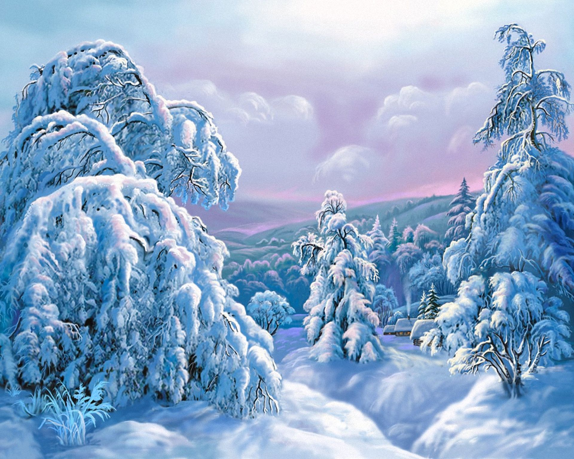 Handy-Wallpaper Landschaft, Winter, Schnee, Baum, Malerei, Künstlerisch kostenlos herunterladen.