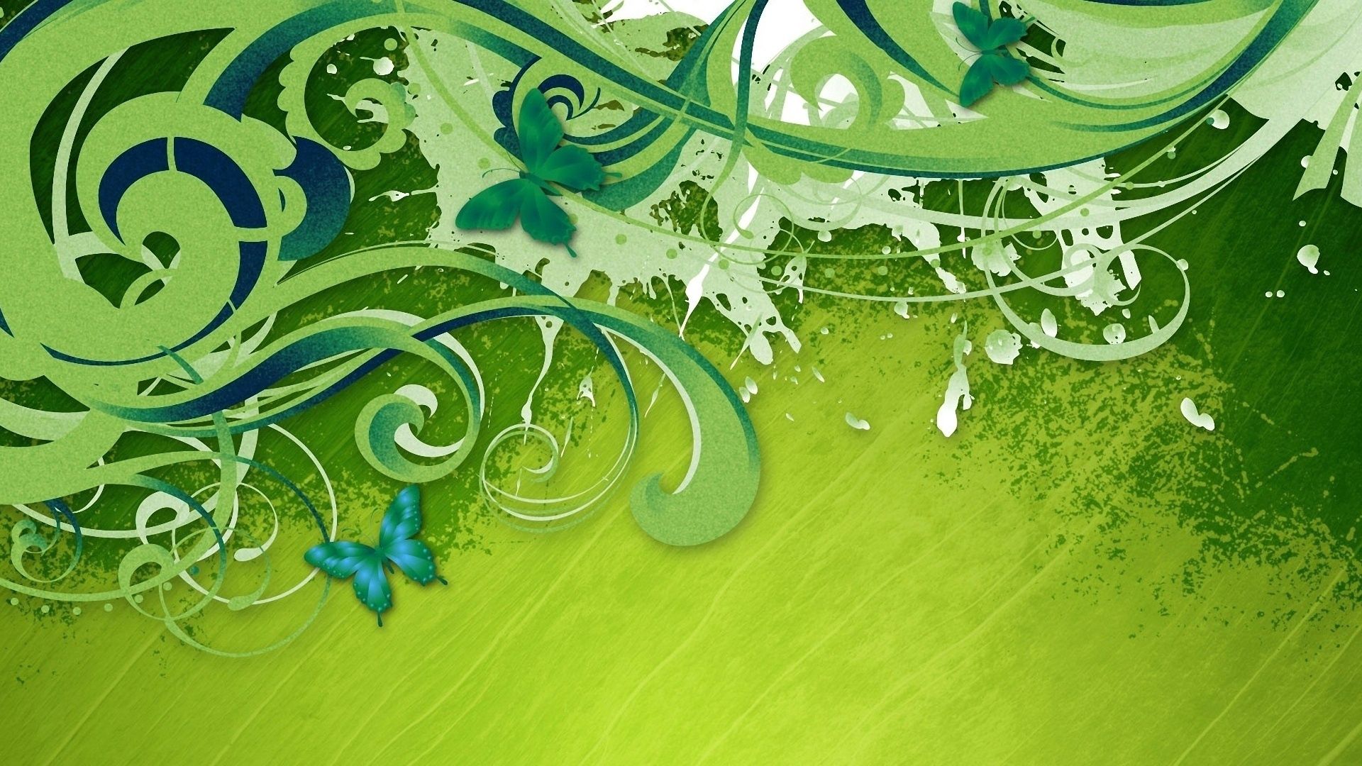 106177 завантажити шпалери метелики, абстракція, фарба, смуги, завитки, кучері, зелений фон, зелене тло - заставки і картинки безкоштовно