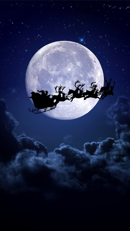 Download mobile wallpaper Night, Moon, Silhouette, Christmas, Holiday, Cloud, Sleigh, Santa, Reindeer for free.