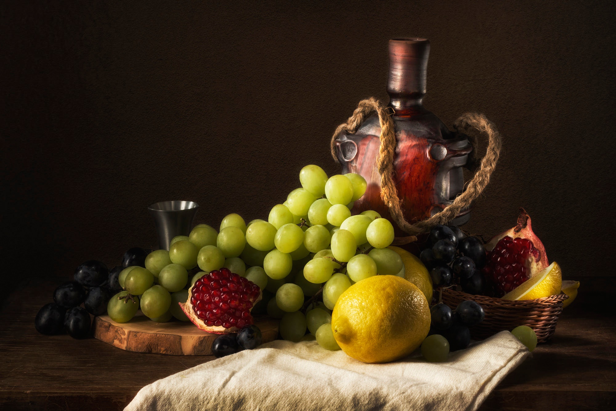 Download mobile wallpaper Food, Grapes, Still Life, Lemon, Fruit, Pomegranate for free.