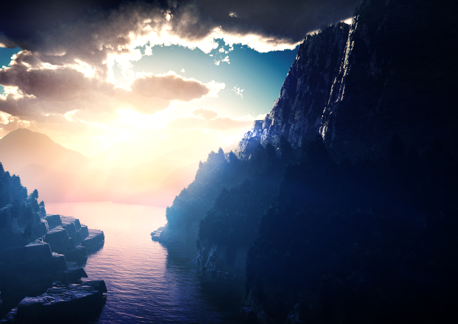 Laden Sie das Landschaft, Wasser, 3D, Ozean, Sonnenaufgang, Gebirge, Wolke, Original, Sonnenstrahl, Cgi, Animes-Bild kostenlos auf Ihren PC-Desktop herunter