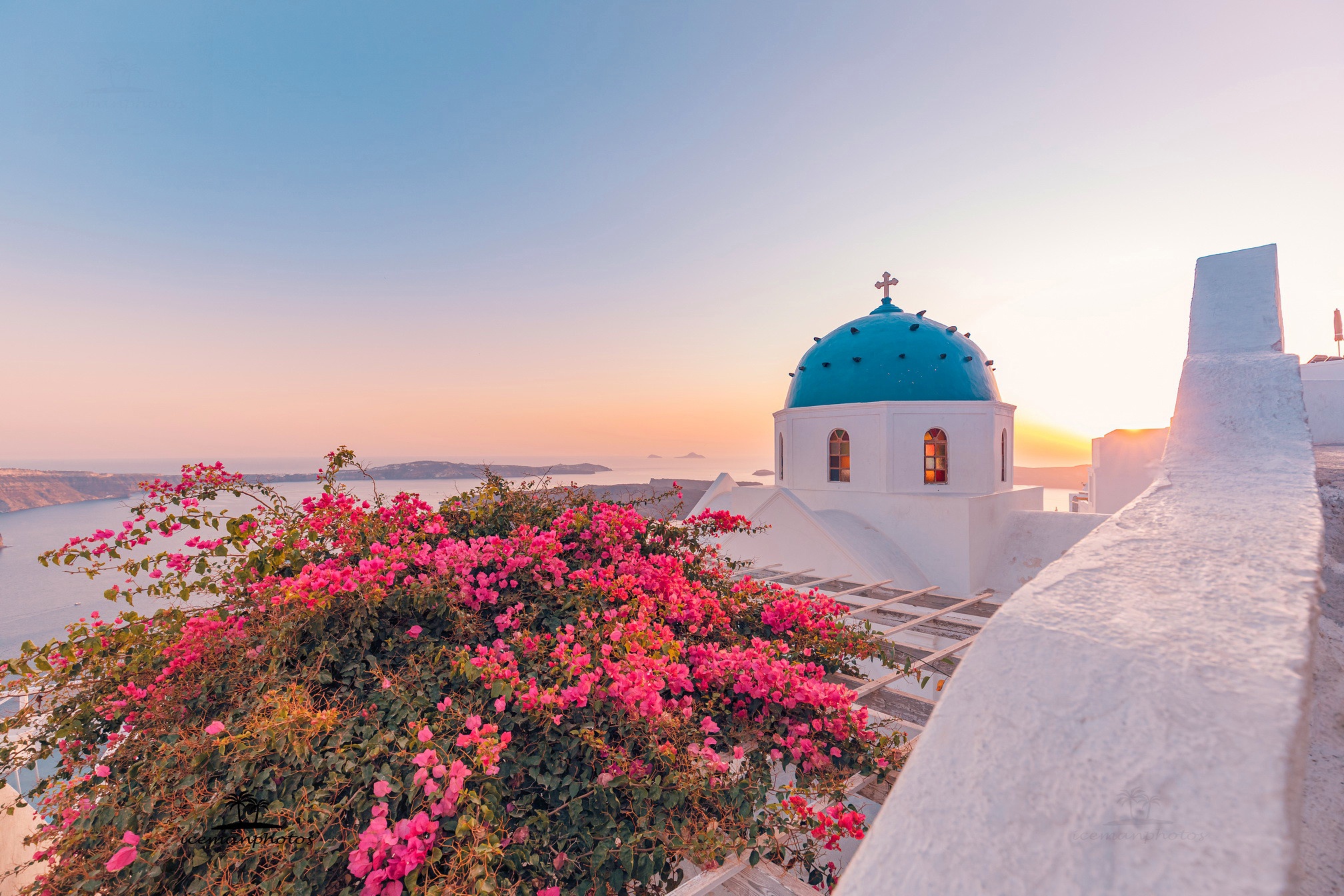 Download mobile wallpaper Sea, Church, Greece, Dome, Santorini, Churches, Religious for free.