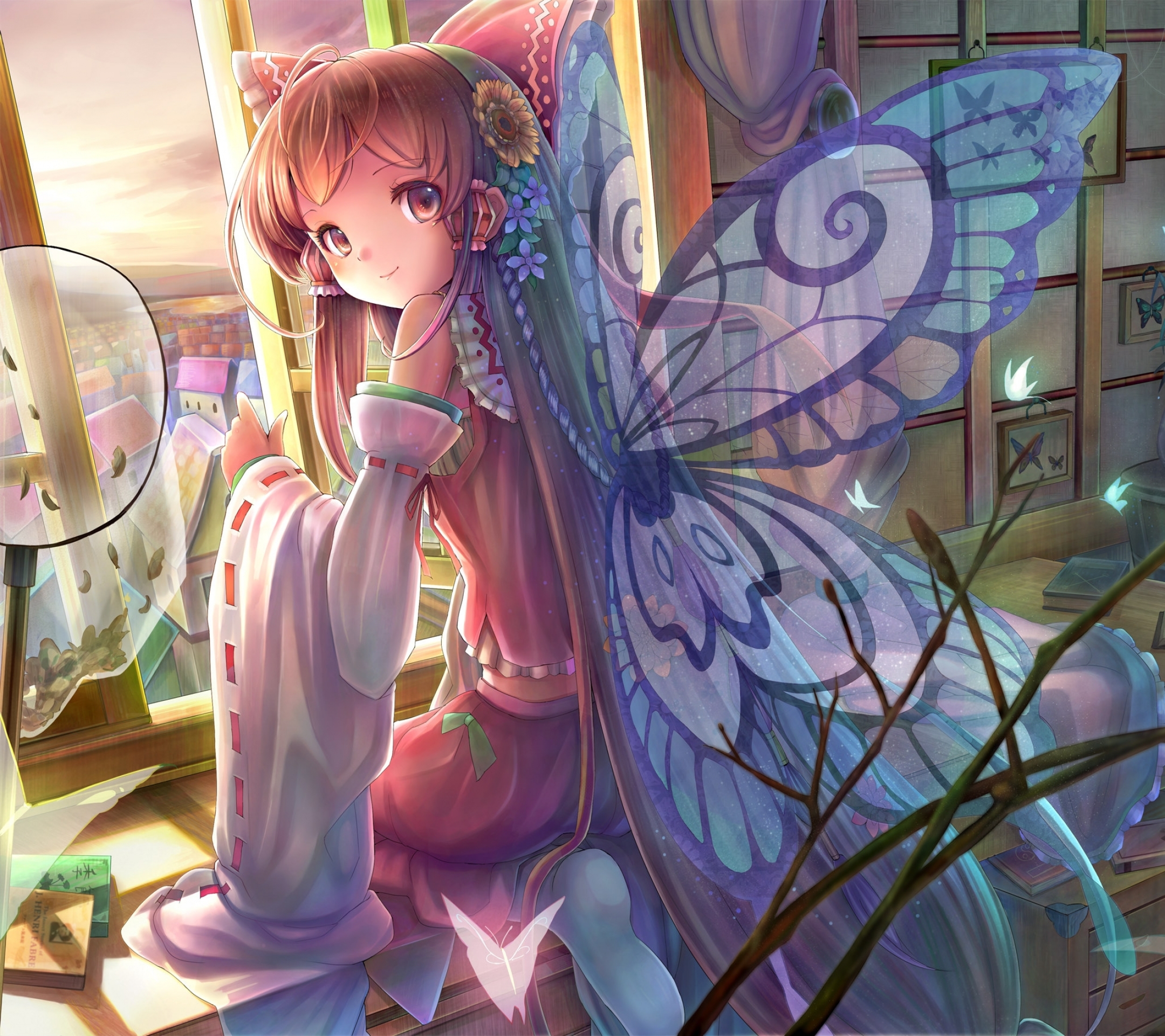 Descarga gratuita de fondo de pantalla para móvil de Flor, Mariposa, Alas, Libro, Habitación, Animado, Touhou, Reimu Hakurei.